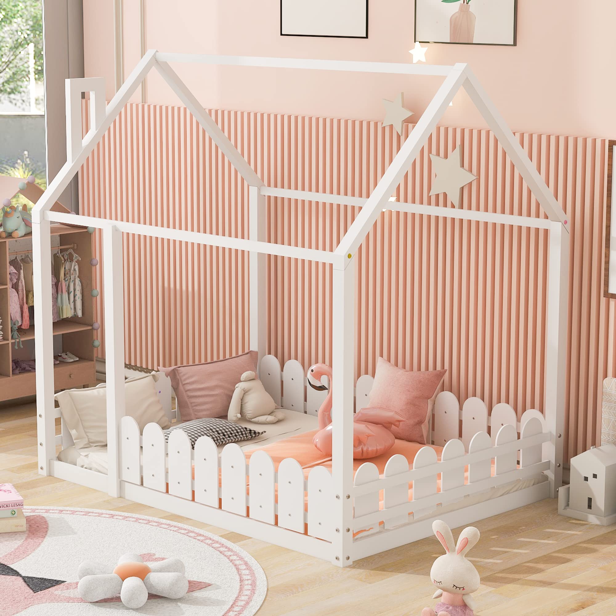 Harper & Bright Designs Full Size House Bed for Kids & Teens - Pine Wood Roof, Fence-Shaped Guardrails, Cabin Style Floor Bed (White) - Perfect for Bedrooms, Playrooms & Montessori Spaces