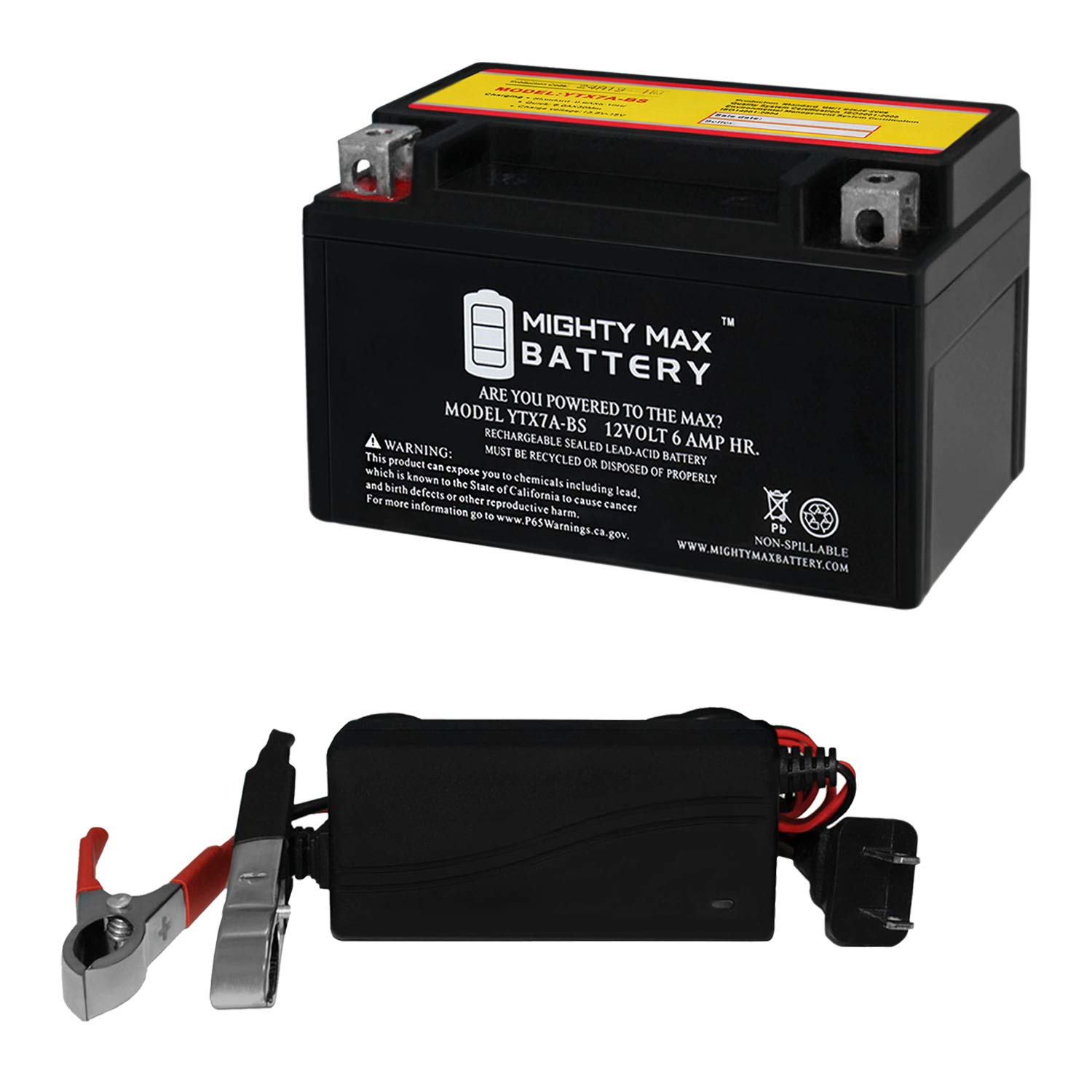 Mighty Max YTX7A-BS 12V Scooter Battery Replacement for Genuine Buddy 150 - Includes 12V 1Amp Charger | Perfect for Electric Scooters, Mopeds & Powersports Vehicles