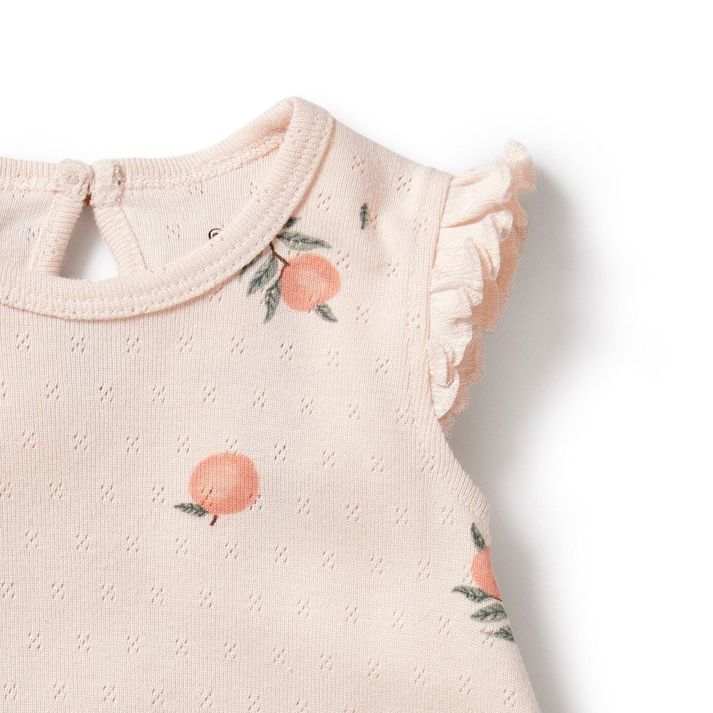 Organic Peaches Pointelle Ruffle Baby Growsuit - Soft Cotton Romper for Newborns & Infants - Perfect for Playtime, Outings & Photo Shoots