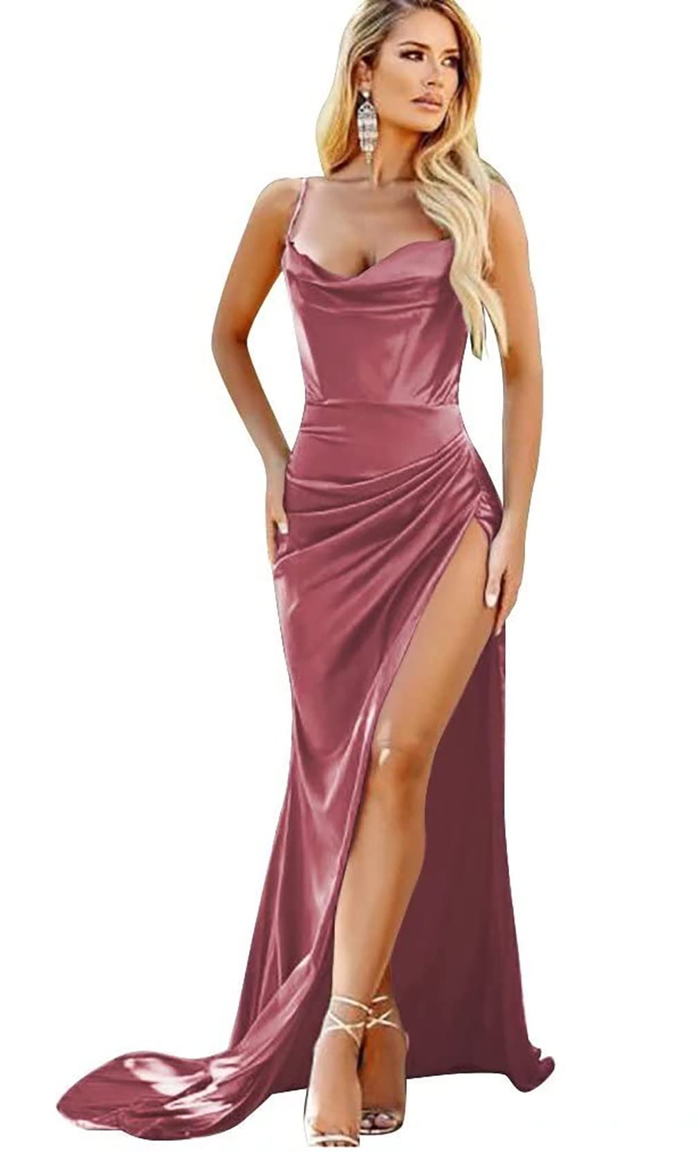 Elegant Women's Spaghetti Strap Prom Dresses - Long Silk Satin Formal Mermaid Evening Gowns | Sexy A-Line Maxi Dress with High Slit for Homecoming, Wedding & Special Occasions