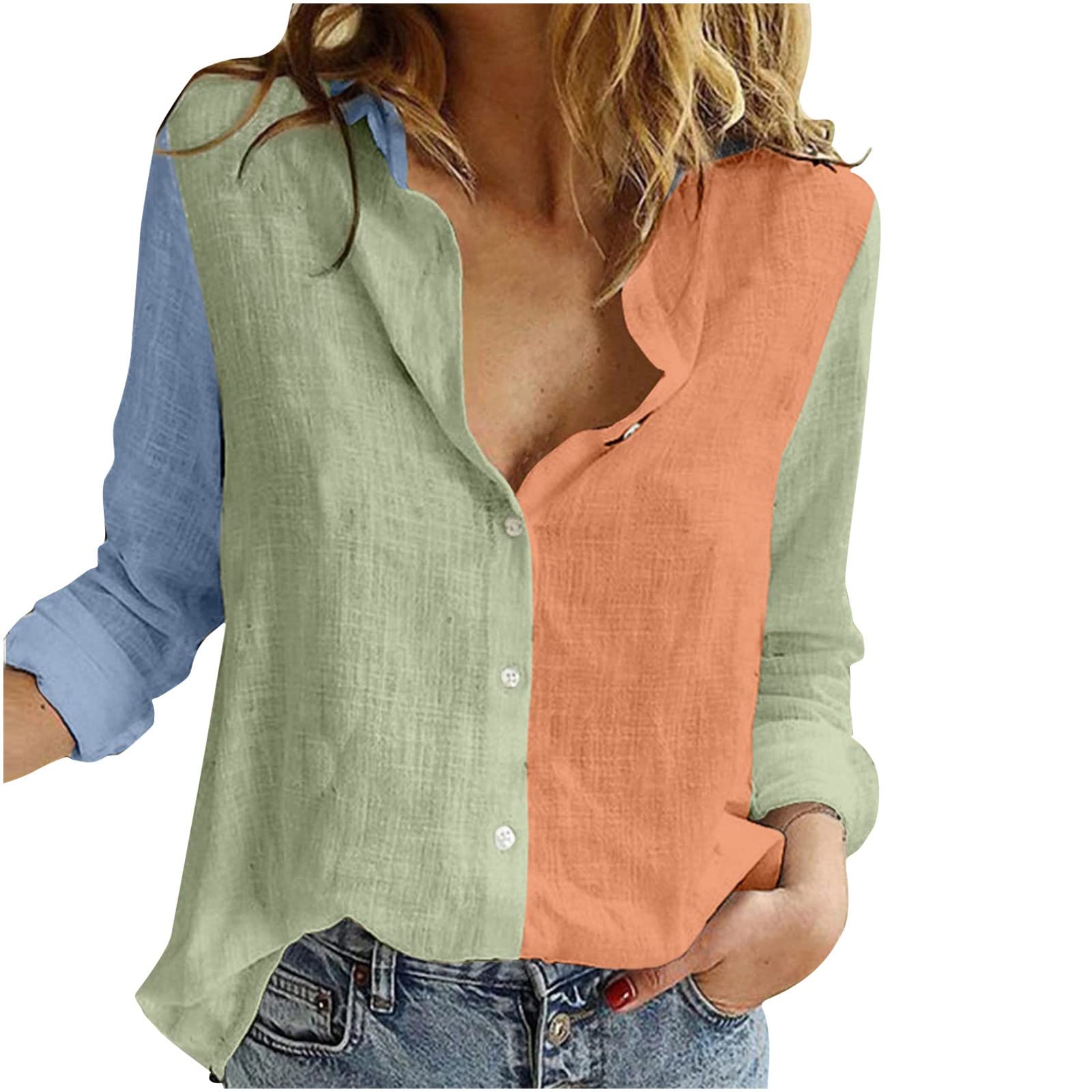 Women's Lapel V-Neck Mushroom Print Shirts - Summer Cotton Linen Long Sleeve Button Down Blouses for Casual Work & Outdoor Activities