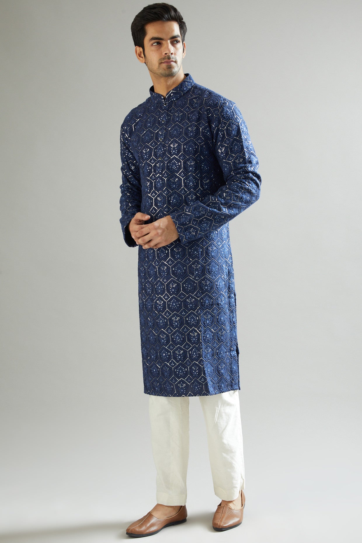 Elegant Navy Blue Embroidered Kurta for Men | Traditional Indian Tunic | Perfect for Festivals, Weddings & Cultural Events