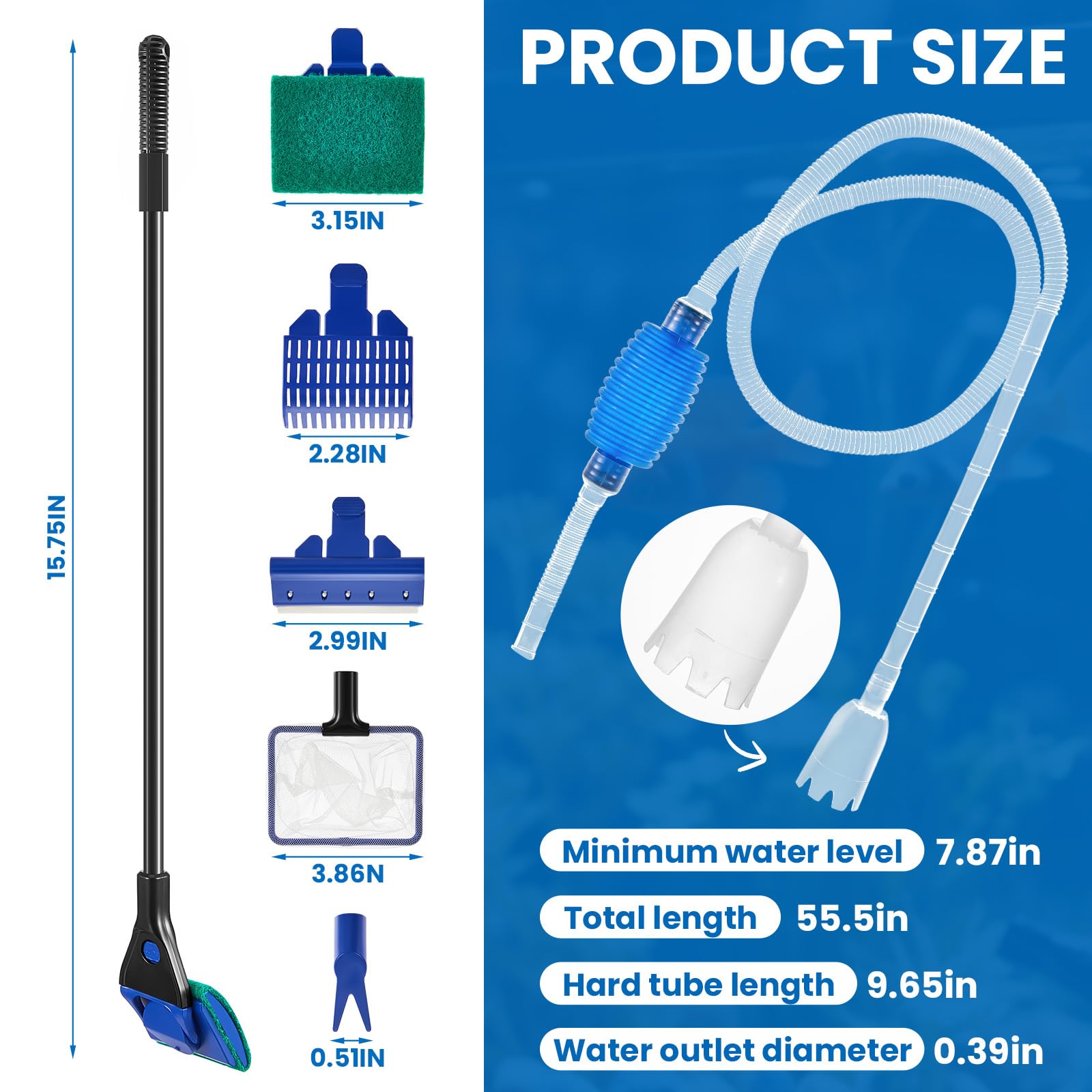Premium Aquarium Cleaning Kit - 5-in-1 Fish Tank Gravel Vacuum, 4-Piece Long Aquascape Tools & Magnetic Glass Cleaner | Complete Maintenance Set for Freshwater & Saltwater Tanks | Perfect for Water Changes, Algae Removal & Substrate Cleaning