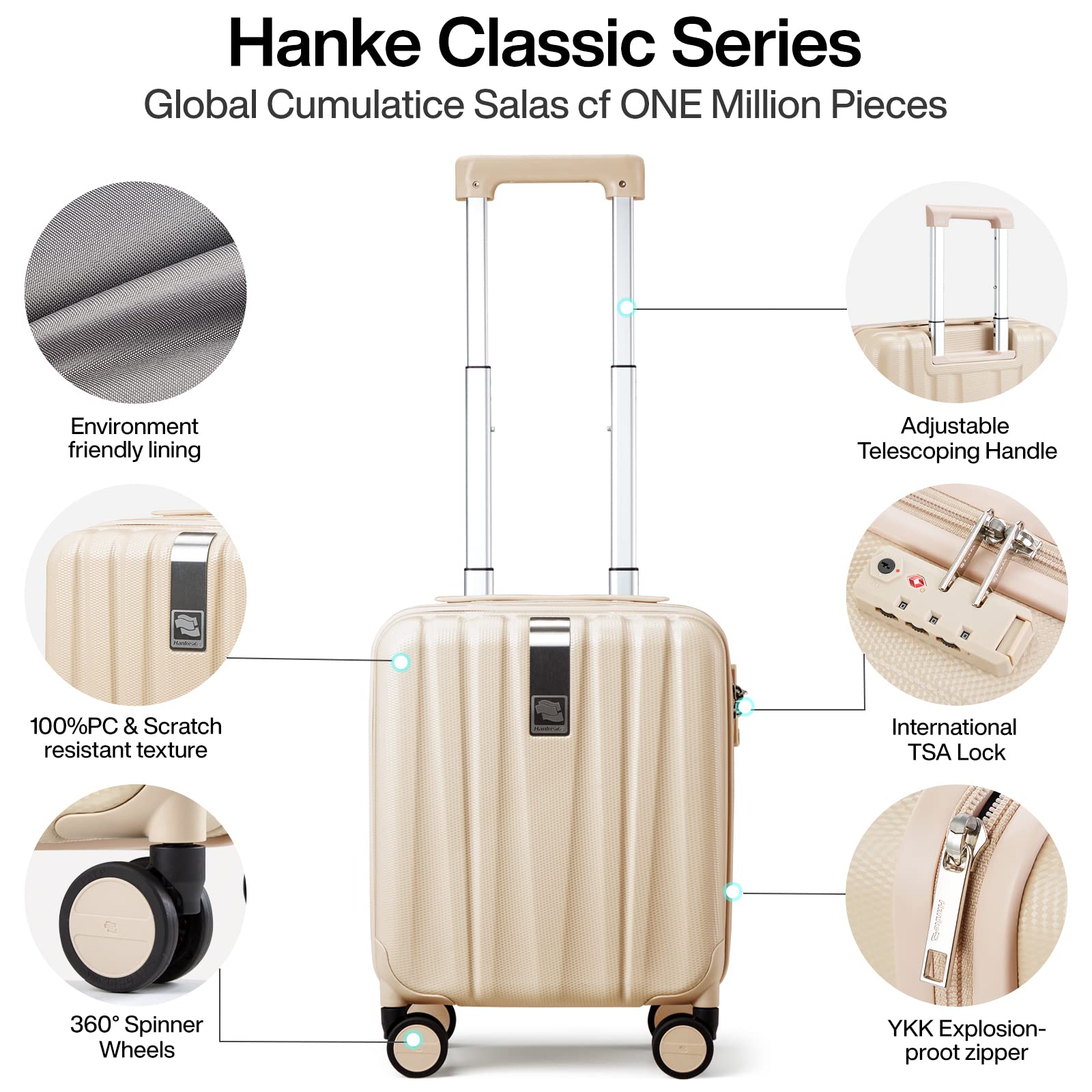 Hanke 14 Inch Underseat Carry On Luggage with Wheels - Lightweight Hard Shell Suitcase for Air Travel, Compact Spinner Cabin Bag Perfect for Business Trips & Weekend Getaways (Cuba Sand) - Ideal Christmas & Birthday Gift for Frequent Travelers