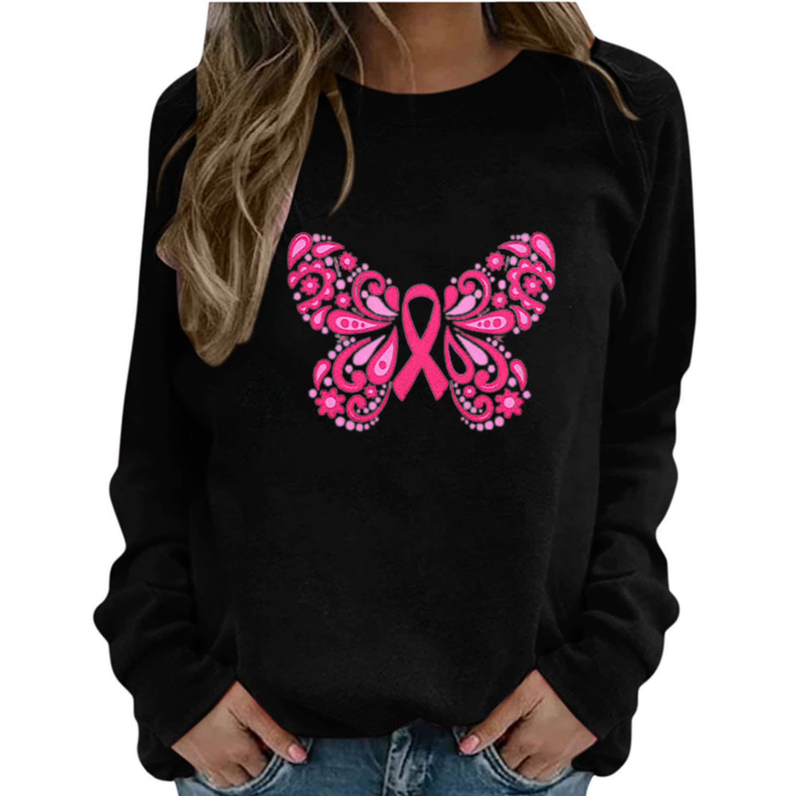 Pink Ribbon Printed Pullover Sweatshirt - Women's Breast Cancer Awareness Top | Inspirational Casual Loose Fit Shirt | Perfect for Fundraising Events, Survivor Support & Everyday Wear