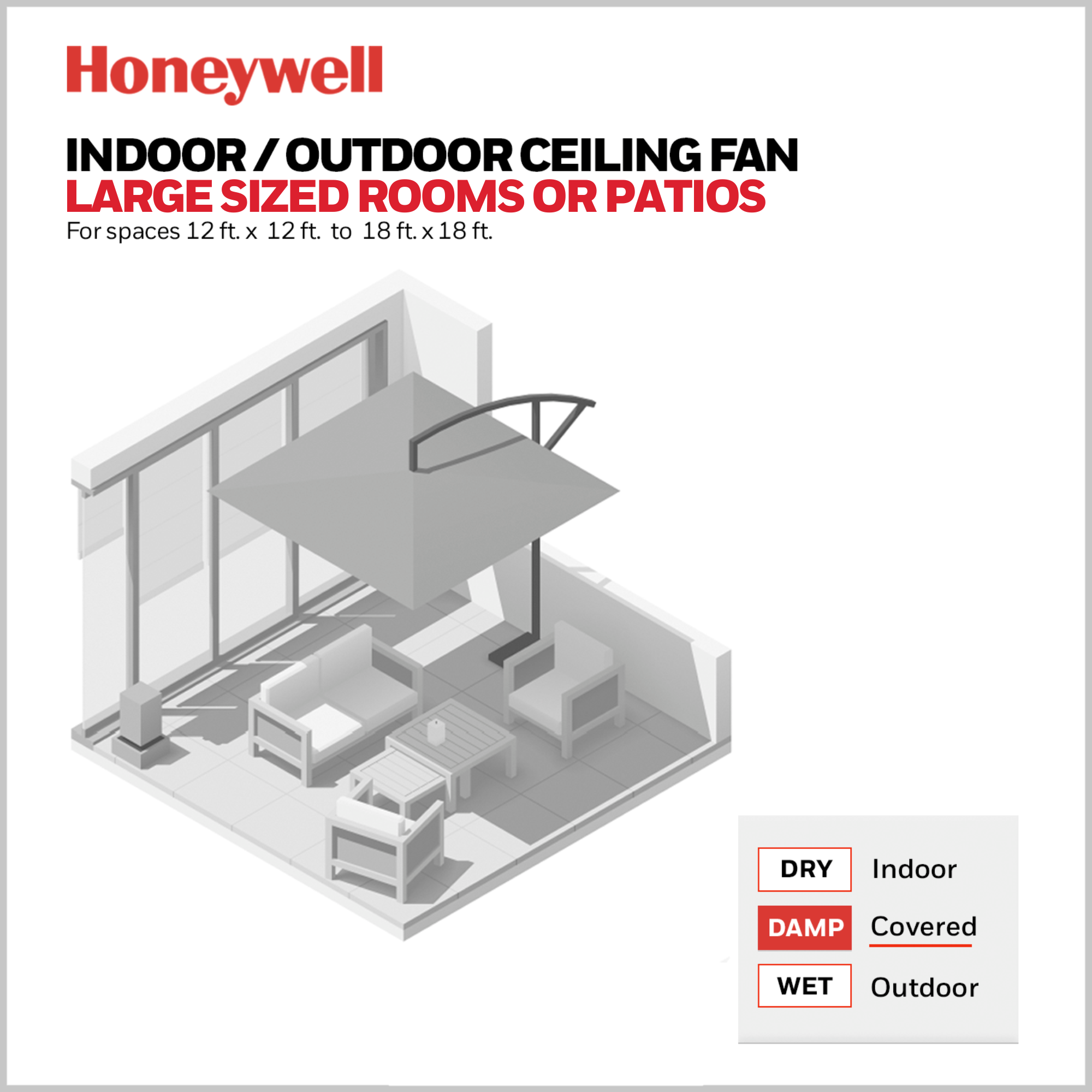52 Inch Honeywell Lynton Matte Black Ceiling Fan - No Light, Remote Control Included - Perfect for Living Room, Bedroom, and Outdoor Patio