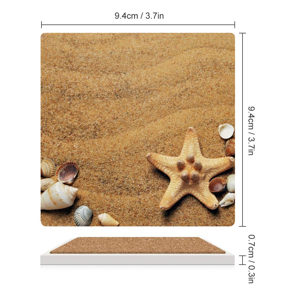 Premium Ceramic Drink Coasters Set of 4 - Square Cork-Bottomed Cup Holders with Beach Seashell Design for Wine, Beer & Cold Beverages - Perfect for Home Decor, Bar Protection & Coastal-Themed Parties