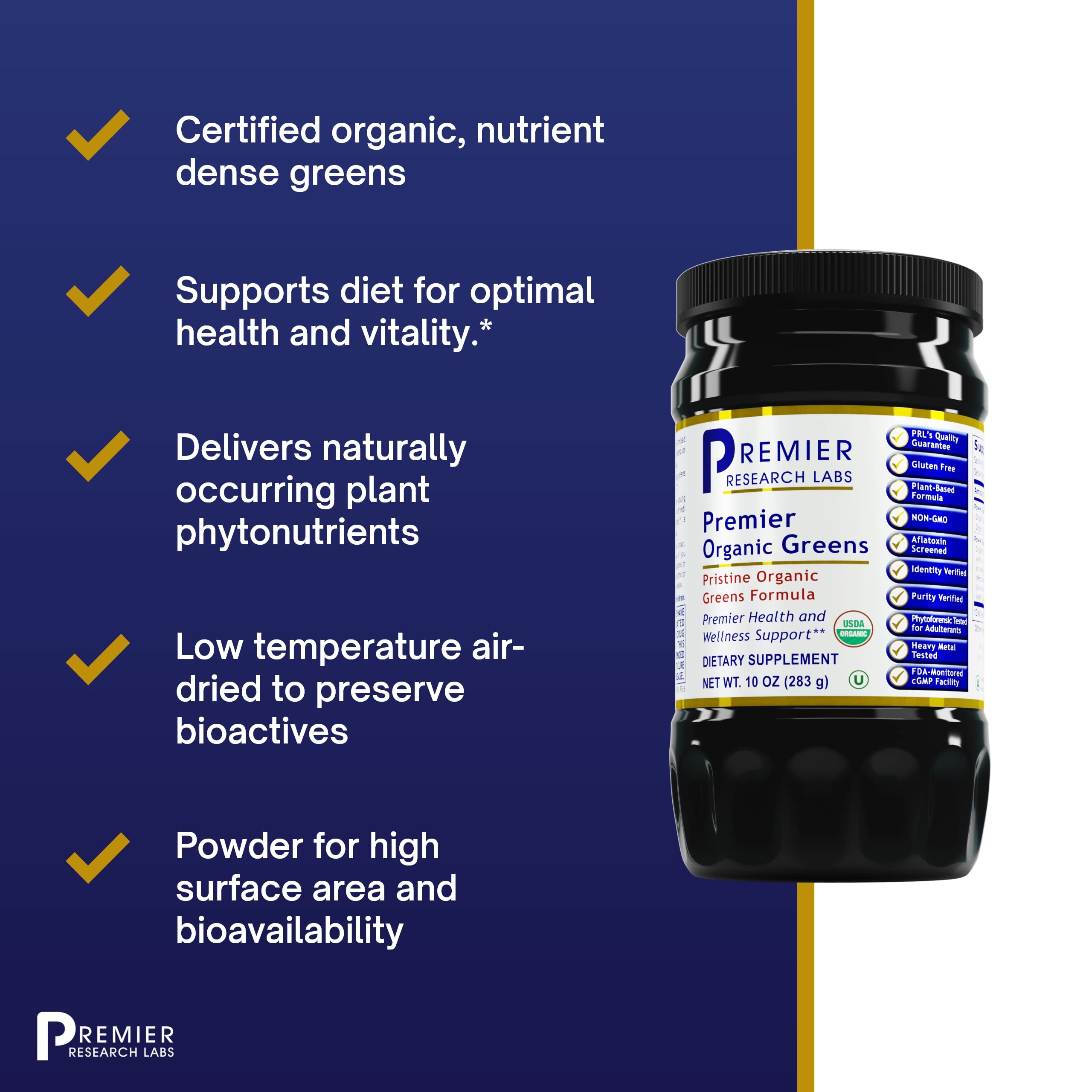 Premier Organic Greens Superfood Powder - Spinach, Alfalfa & Chlorella Blend for Drinks & Green Juice - Nutrient-Rich Super Greens Supplement for Men & Women - 10 oz | Boost Energy & Support Digestion for Active Lifestyles