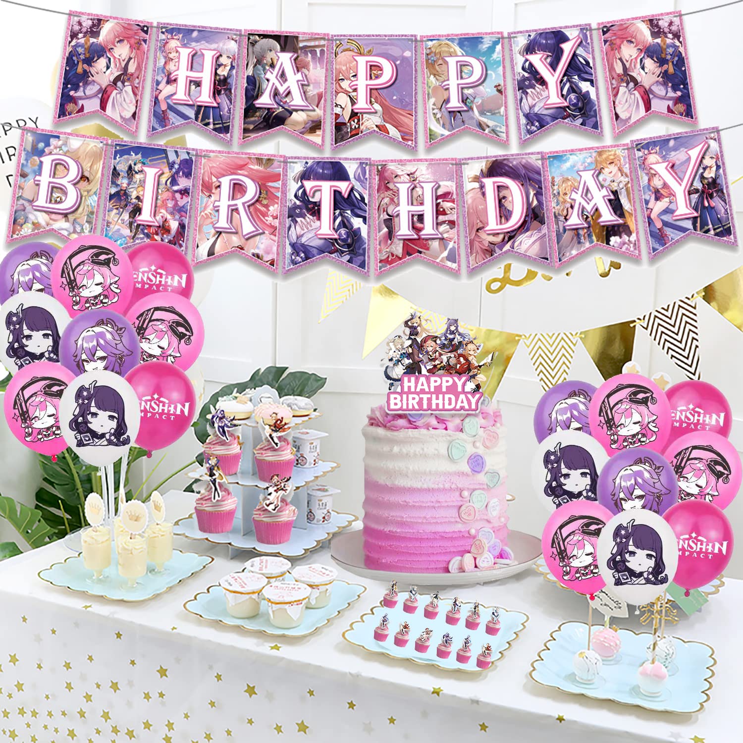 Anime Birthday Party Decorations Set - Pink Themed Banner, Cake Topper, Cupcake Toppers & Balloons for Anime Fans | Perfect for Birthday Celebrations, Themed Parties & Cosplay Events