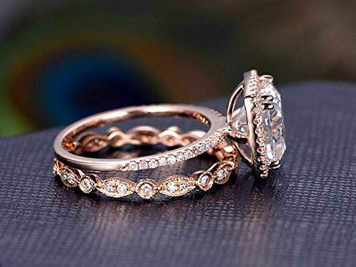 2 Carat Moissanite & Diamond Halo Engagement Ring Set in 14K Rose Gold - Perfect for Bridal Jewelry, Wedding Bands, Anniversary Gifts & Proposal Rings