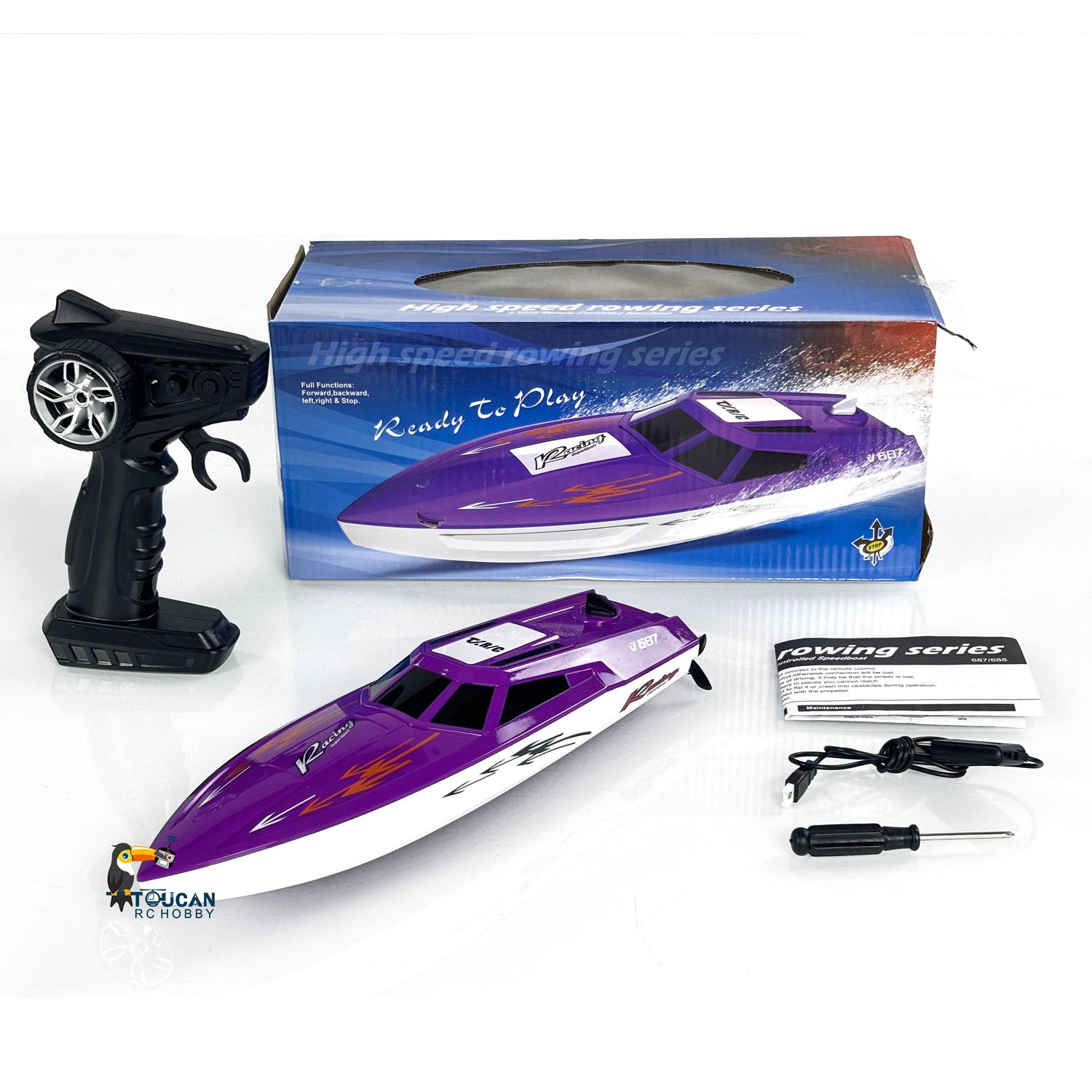TOUCAN High Speed Electric RC Boat - Ready to Run (RTR) Radio Controlled Racing Ship for Kids & Adults - Durable Plastic Pool & Lake Toy for Outdoor Water Play - Painted & Assembled for Immediate Fun