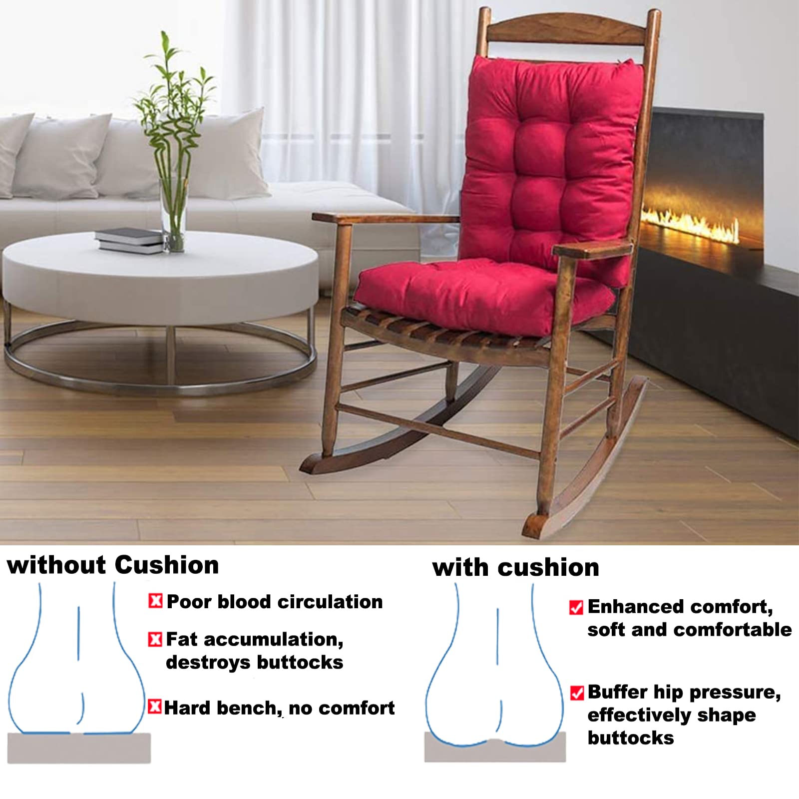 Premium Non-Slip Rocking Chair Cushion Set - Thick Overstuffed Indoor/Outdoor Patio Chair Pads - Comfortable Gray Cushions for Porch, Garden & Nursery Relaxation