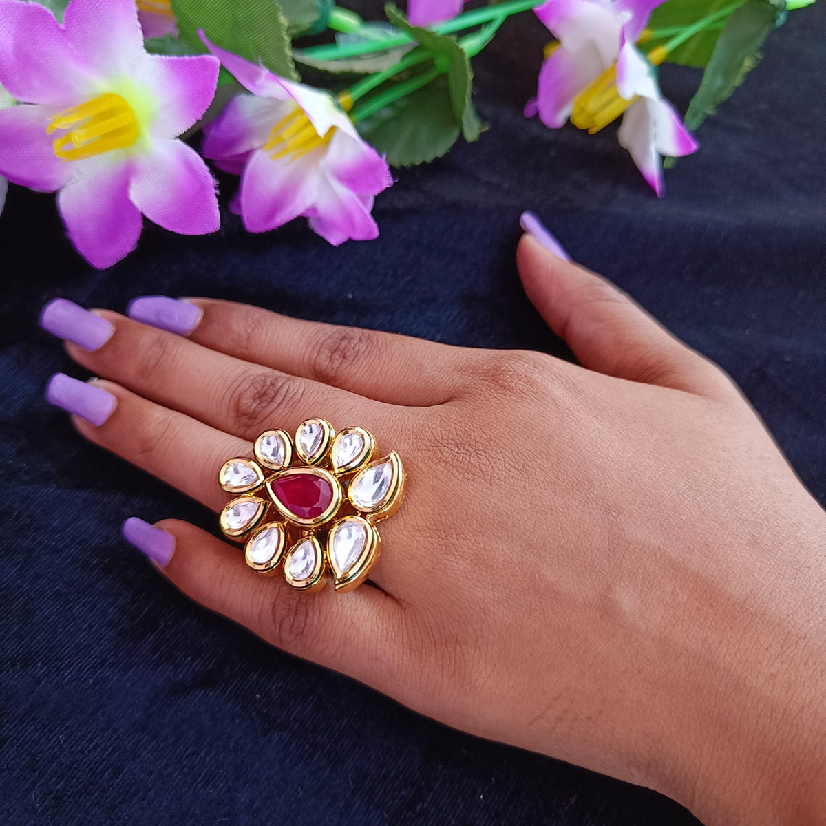 Exquisite Gold Plated Royal Kundan & Ruby Beaded Ring (Design 105) - Elegant Jewelry for Weddings, Parties & Special Occasions