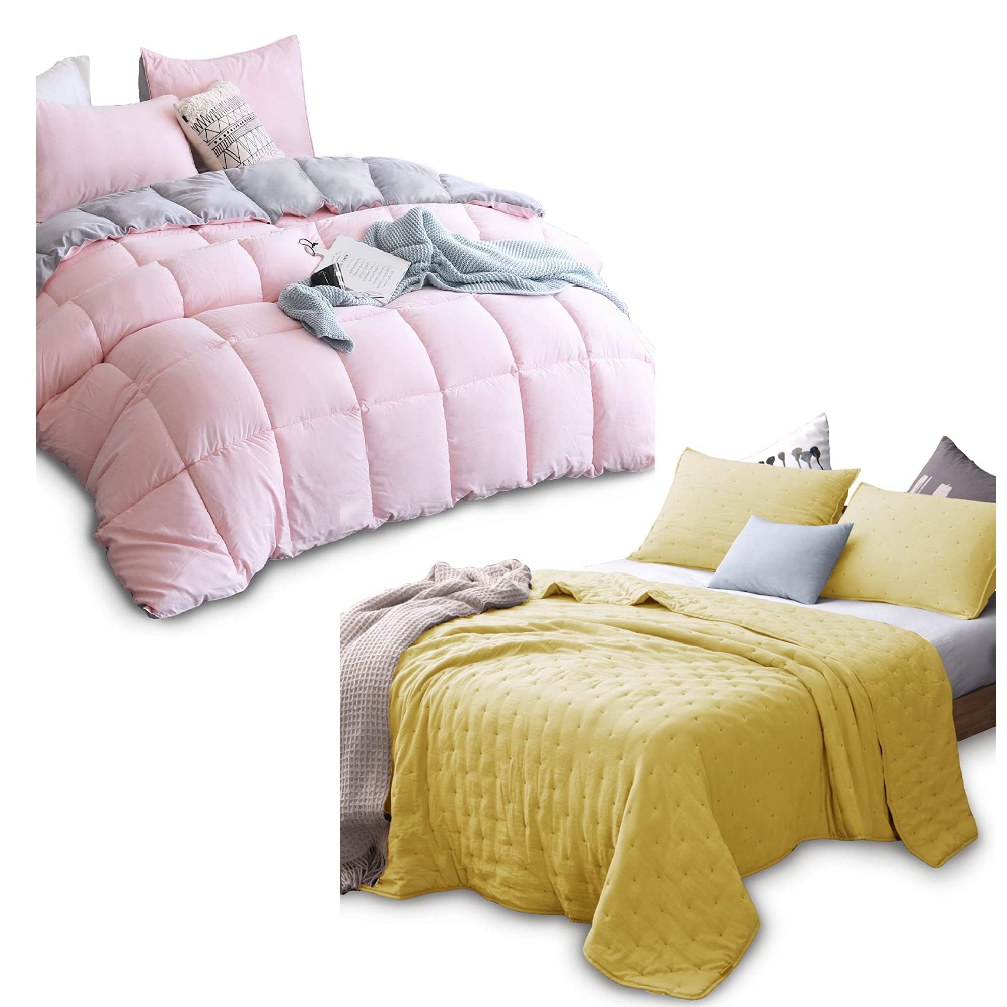 KASENTEX All Season Down Alternative Queen Comforter Set - Soft Pink & Yellow Quilted Bedding Set for Cozy Sleep | Perfect for Master Bedroom, Guest Room & Dorm Decor