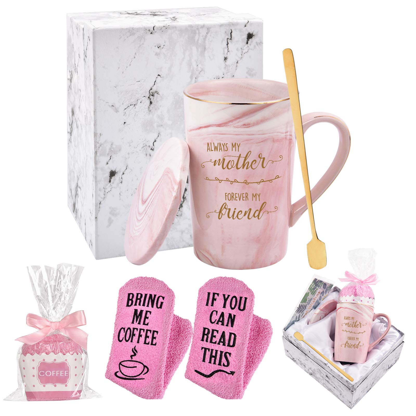 Funny Mom Coffee Mug - Always My Mother Forever My Friend - 14 Oz Pink Marble Cup with Gift Box & Cupcake Socks - Perfect Mother's Day, Birthday Gift from Daughter or Son - Ideal for Coffee, Tea, and Relaxing Moments at Home