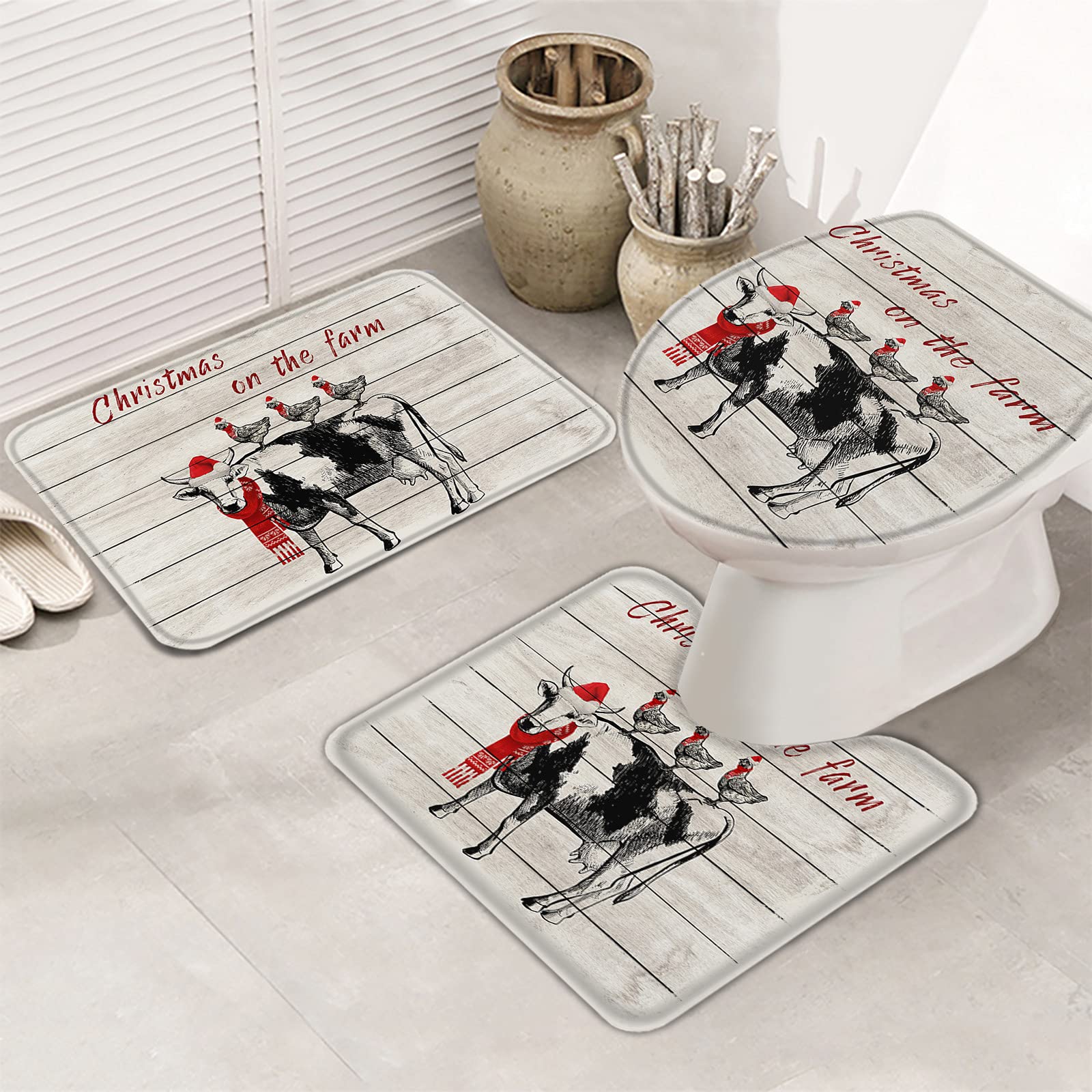 MuswannaA 3-Piece Bathroom Rug Set - Ultra Soft Non-Slip Christmas Cow Print Bath Mat with Contour Mat & Lid Cover - Farmhouse Holiday Decor for Bathroom, Shower & Tub - Perfect for Christmas Home Decor and Cozy Winter Bathroom