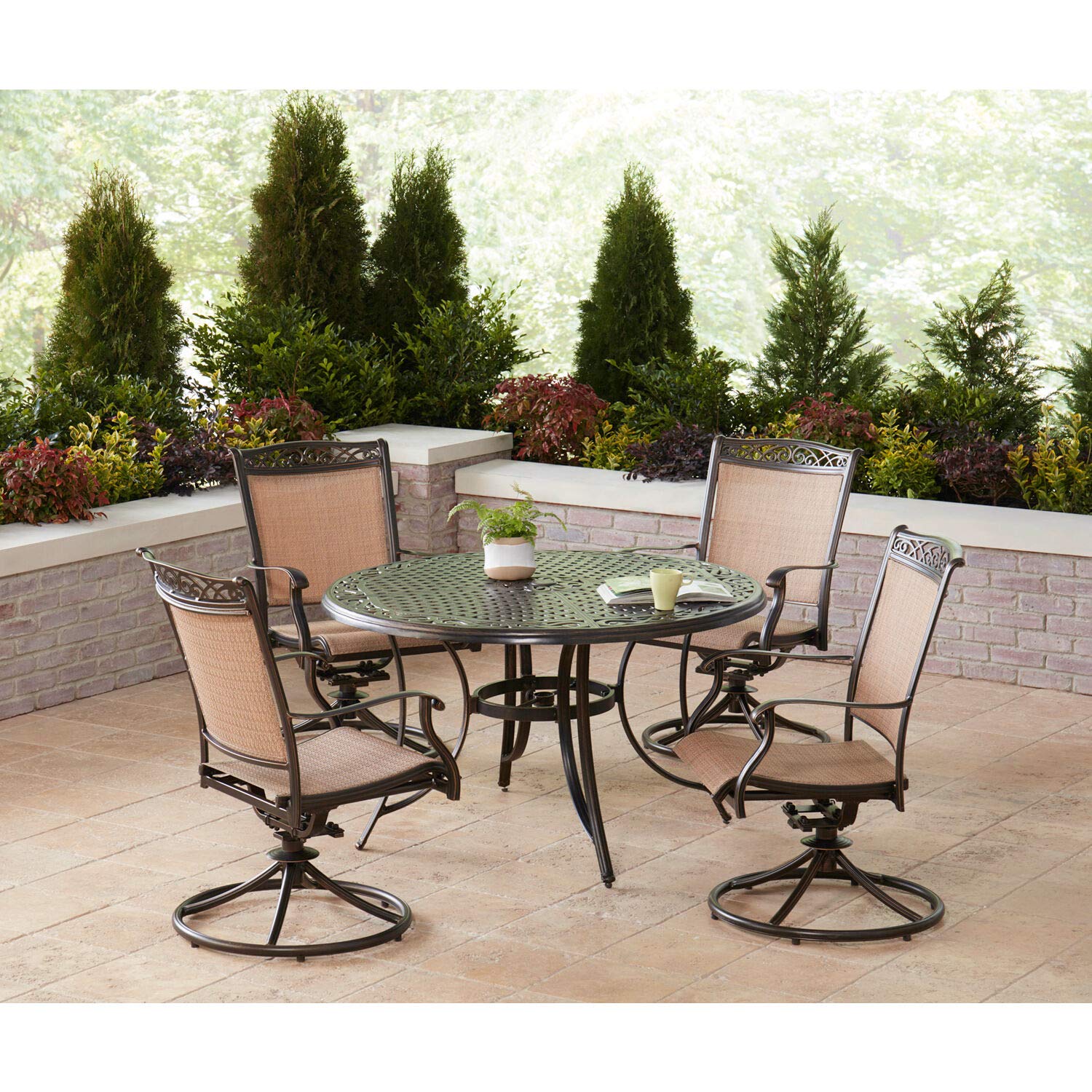 Hanover Fontana 5-Piece Outdoor Patio Dining Set with PVC Tan Sling Swivel Rocker Chairs & 48