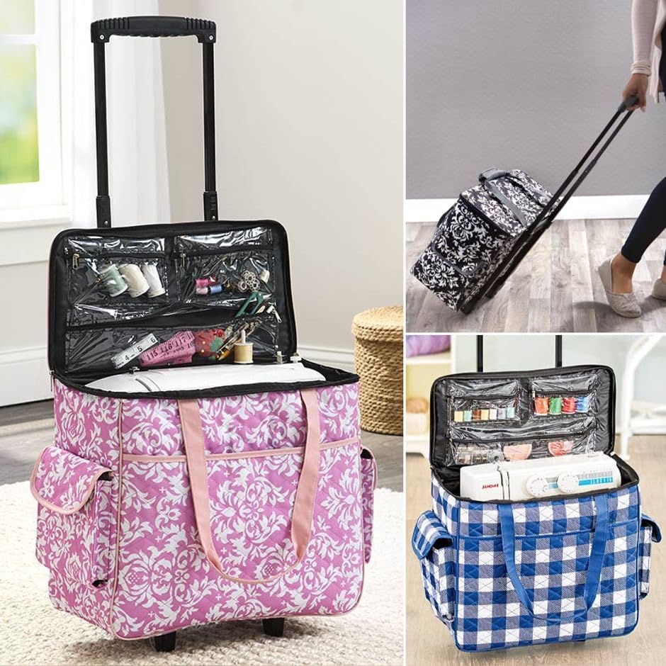 Rolling Sewing Machine Tote Bag - Navy Buffalo Check Pattern, Portable Craft Storage for Quilting & Sewing Projects, Perfect for Travel & Workshops