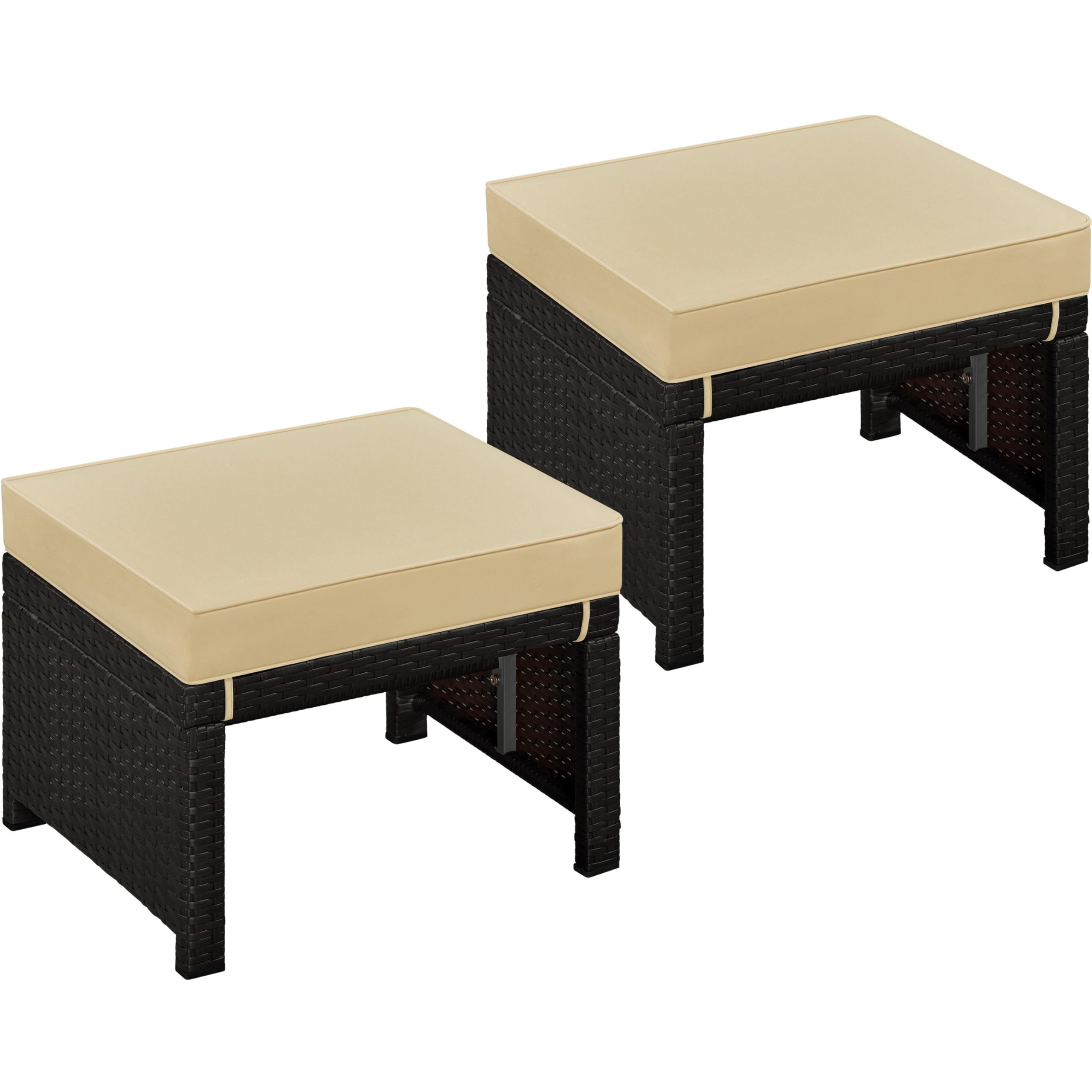 Yaheetech 2-Piece Wicker Ottoman Set with Removable Cushions - PE Rattan Footrest & Side Table for Outdoor Patio, Backyard, Garden - Brown/Khaki Multipurpose Seating Furniture | Perfect for Relaxing, Entertaining & Extra Seating