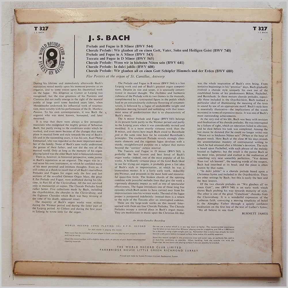 T 327 FLOR PEETERS Bach Organ Works LP - Classic Organ Music for Relaxation, Study & Church Services
