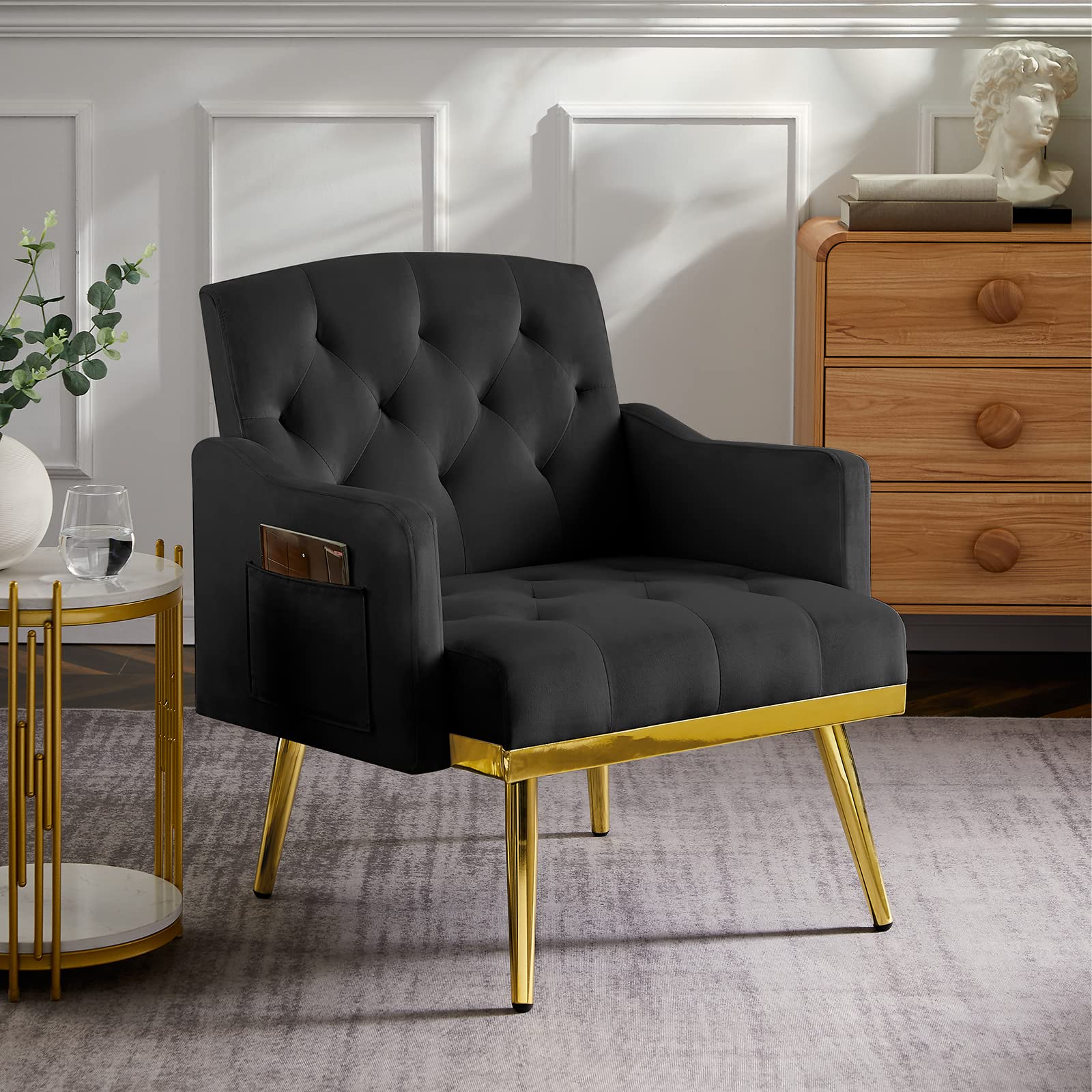GNIXUU Velvet Accent Chair with Golden Metal Legs - Upholstered Armchair for Living Room, Bedroom, Office & Reading Room - Elegant Black Seating for Home Decor & Relaxation