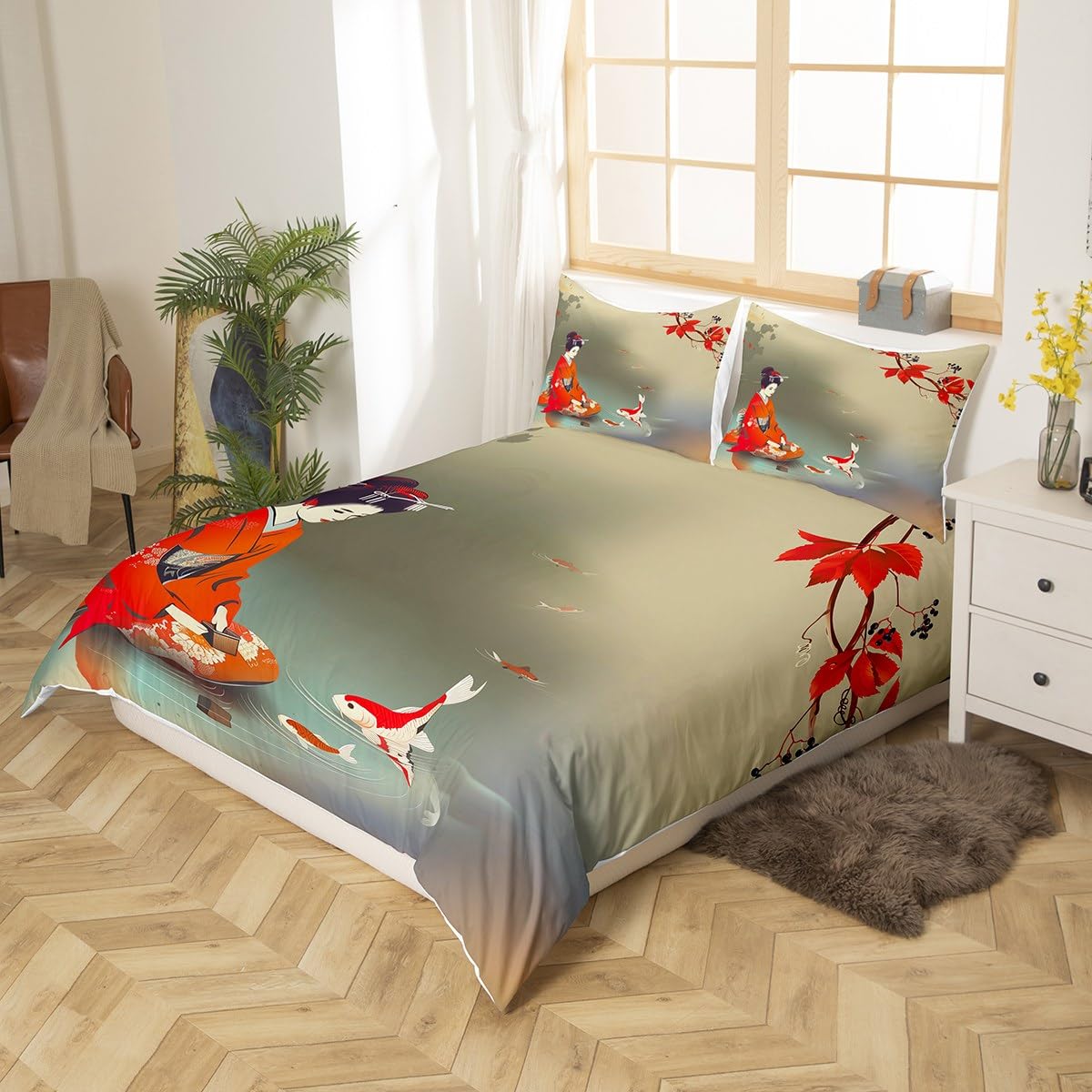3D Printed Koi Fish Duvet Cover Set - Japanese Style Twin Bedding with Geisha & Fish Pattern | Soft 2-Piece Comforter Cover for Women's Bedroom Decor | Perfect for Asian-Themed Rooms & Zen Home Decor