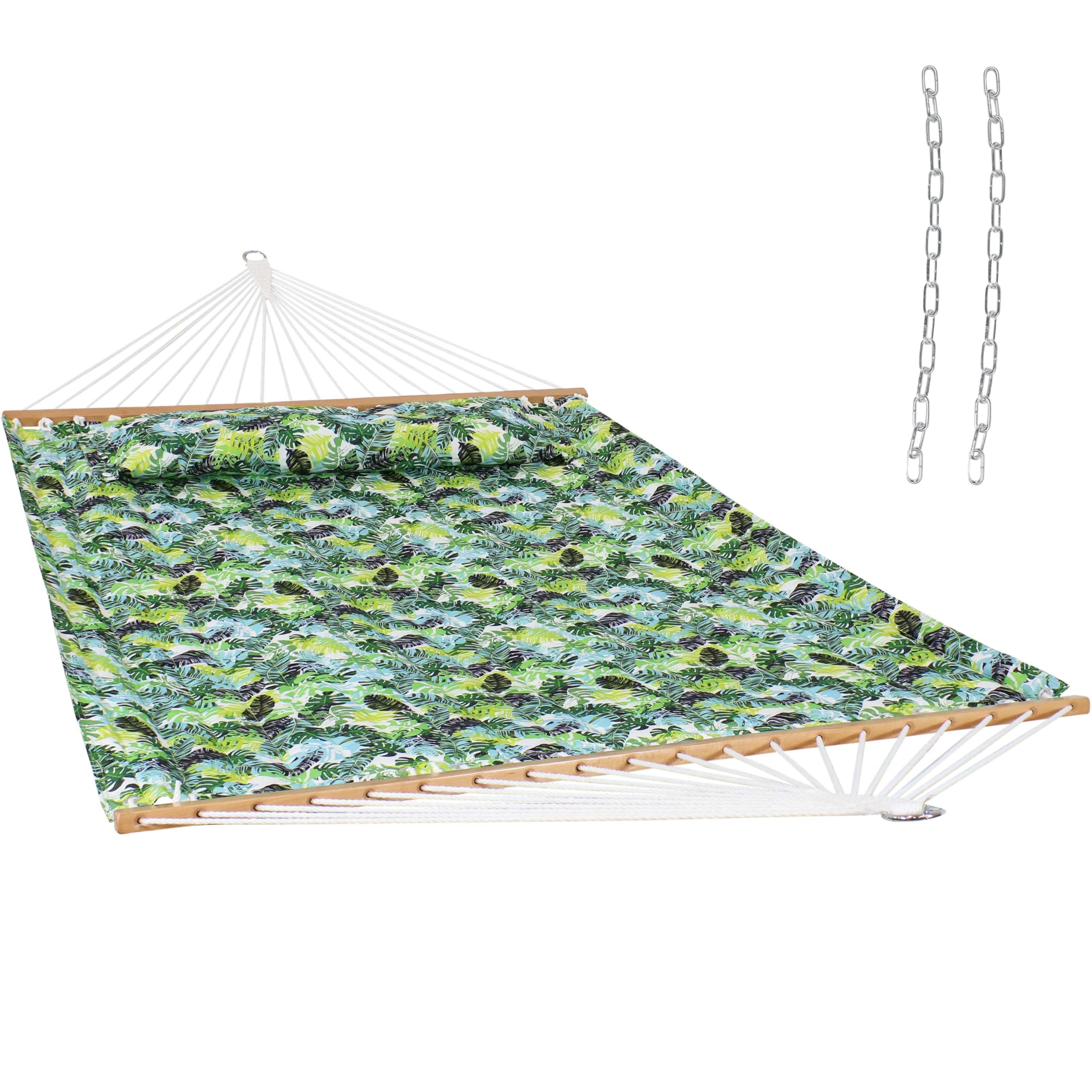Sunnydaze Quilted Outdoor Hammock with Spreader Bars - Heavy-Duty 450lb Capacity Double Hammock for Patio, Backyard & Camping - Tropical Greenery Design - Perfect for Relaxation & Outdoor Lounging