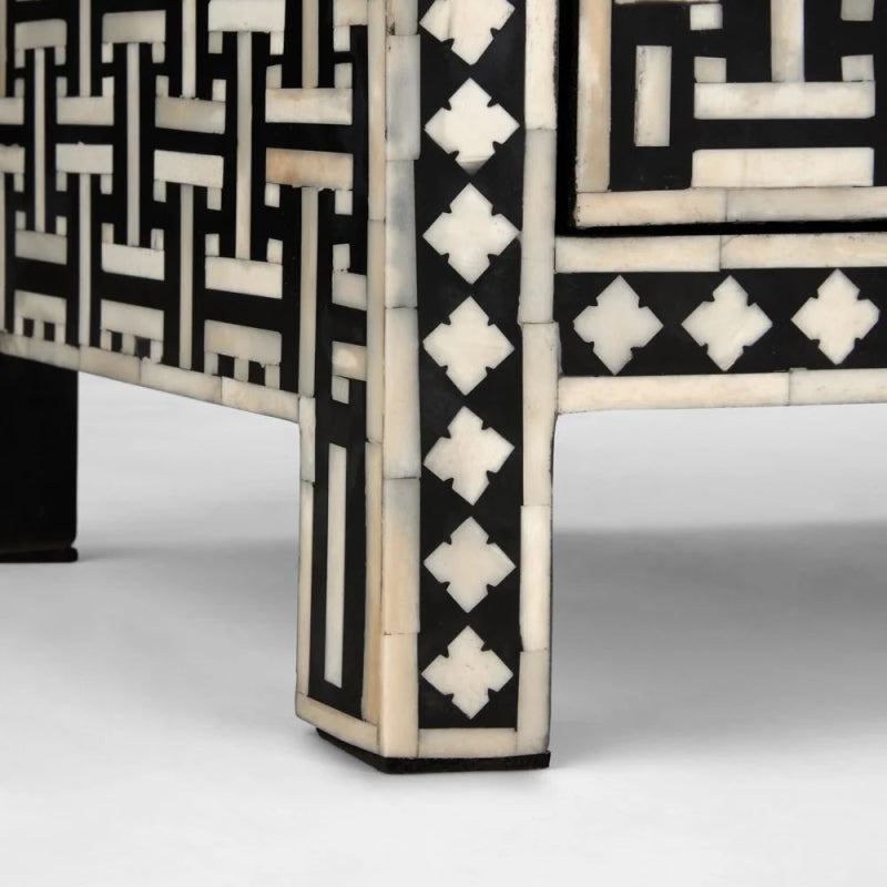 Handmade Bone Inlay 3-Door Sideboard Cabinet - Black & White Buffet Table for Dining Room Storage & Home Decor