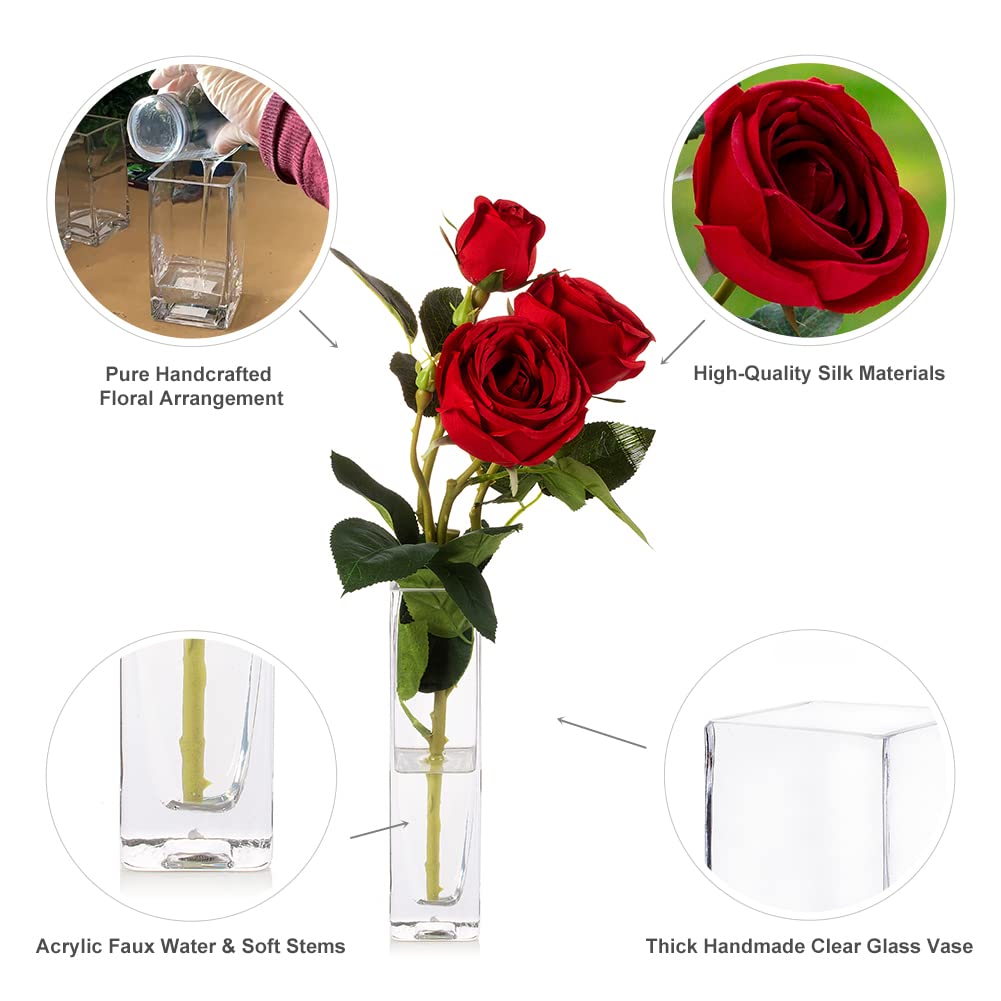 ENOVA FLORAL Artificial Silk Rose Flowers in Square Vase - Red Faux Roses Arrangement with Fake Water for Home, Wedding, Office Table Decor - Perfect for Centerpieces, Dining Tables & Event Decorations