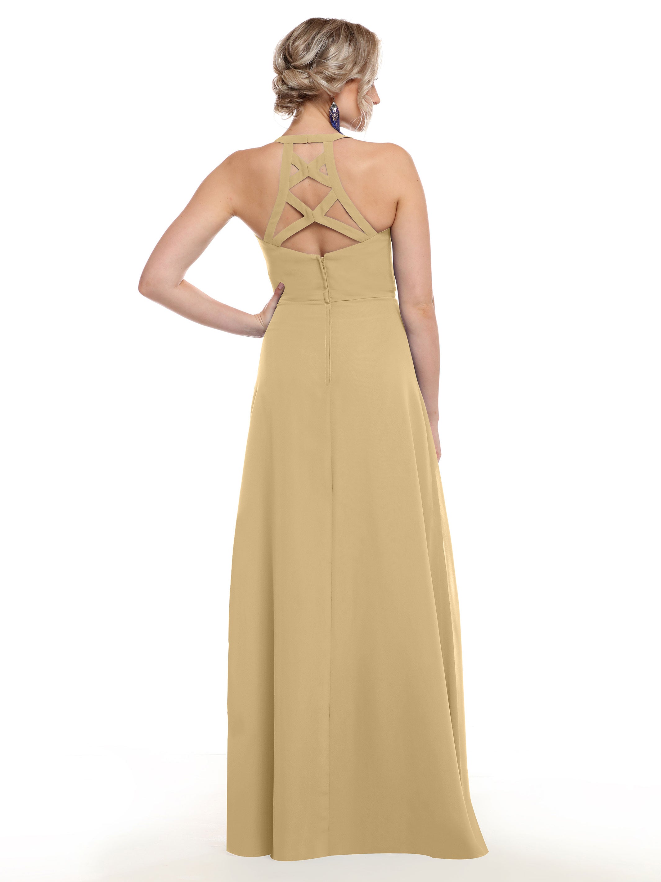 Elegant 80150 Chiffon A-Line Bridesmaid Dress with Plunging V-Neck & Intricate Back Detail - Perfect for Weddings, Formal Events & Special Occasions