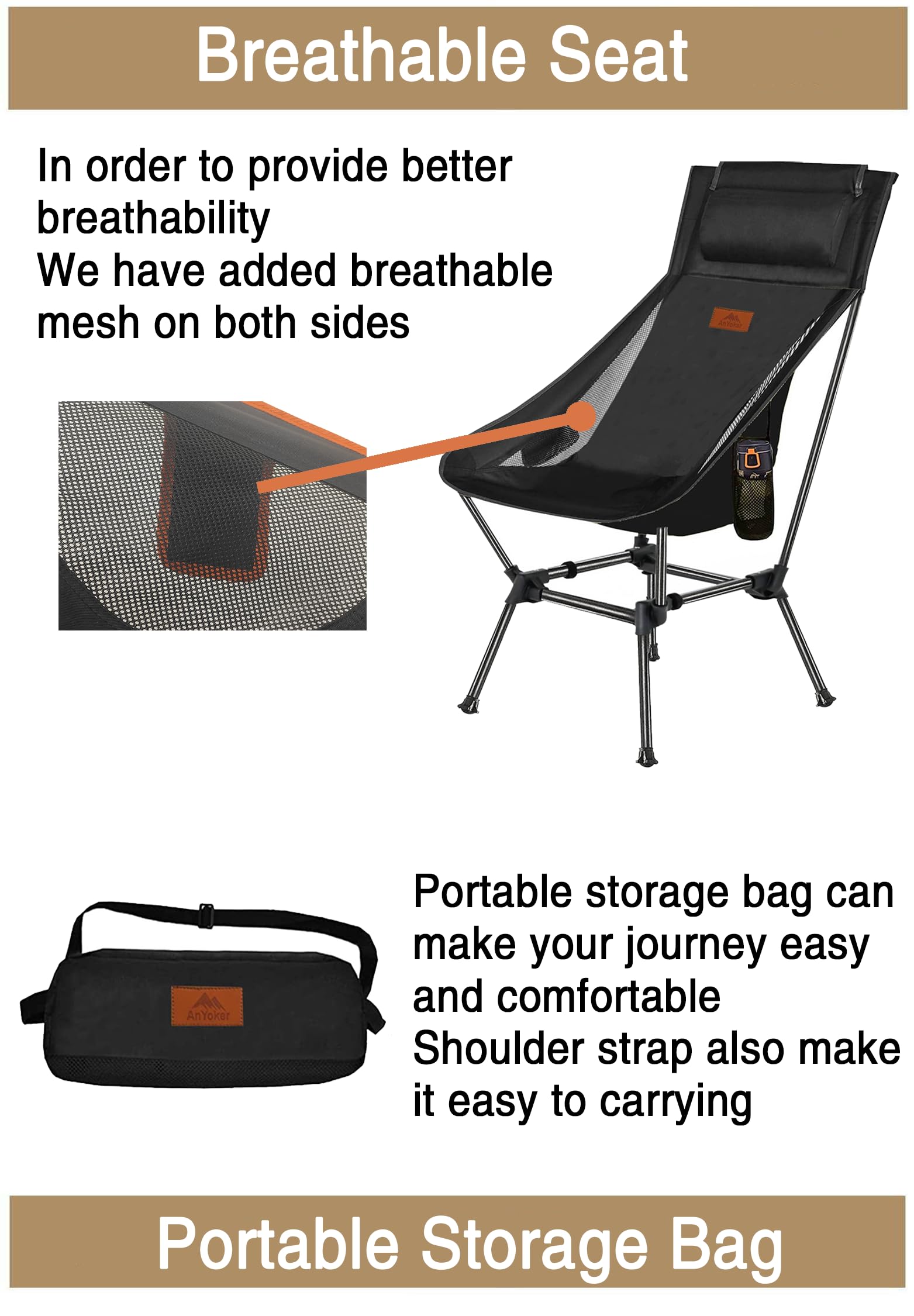 Portable Folding Camping Chair with Side Pocket & Headrest - Lightweight Compact 2-Way Backpacking Chair for Outdoor, Beach, Hiking, Picnics and Travel (Black) - Perfect for Camping Trips, Beach Relaxation and Outdoor Adventures