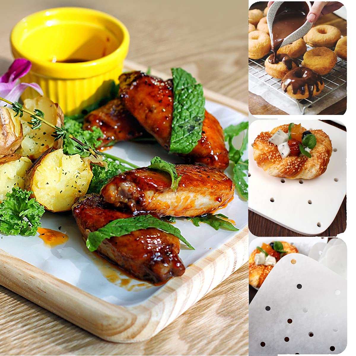 200PCS Air Fryer Parchment Paper - Perforated Steam Paper for Air Fryer, Steaming Basket, Baking & Oven - 8.5 Inch Square White Bamboo Steamer Paper - Perfect for Healthy Cooking, Meal Prep & Party Snacks