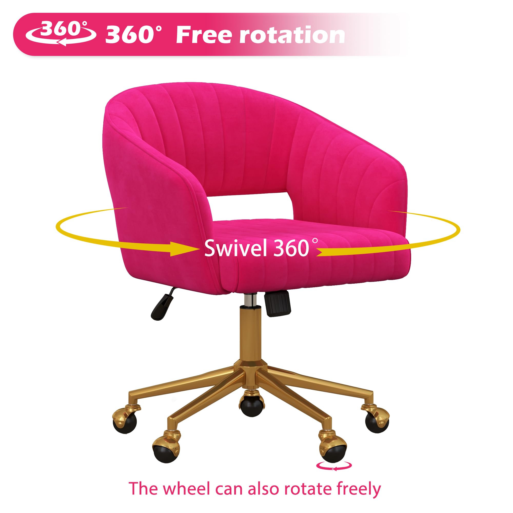 Luxury Velvet Swivel Office Chair with Gold Base - Ergonomic Tufted Desk Chair for Women & Girls, Modern Accent Armchair for Home Office, Study, Computer Work & Living Room (Hot Pink) - Comfortable & Stylish Seating Solution