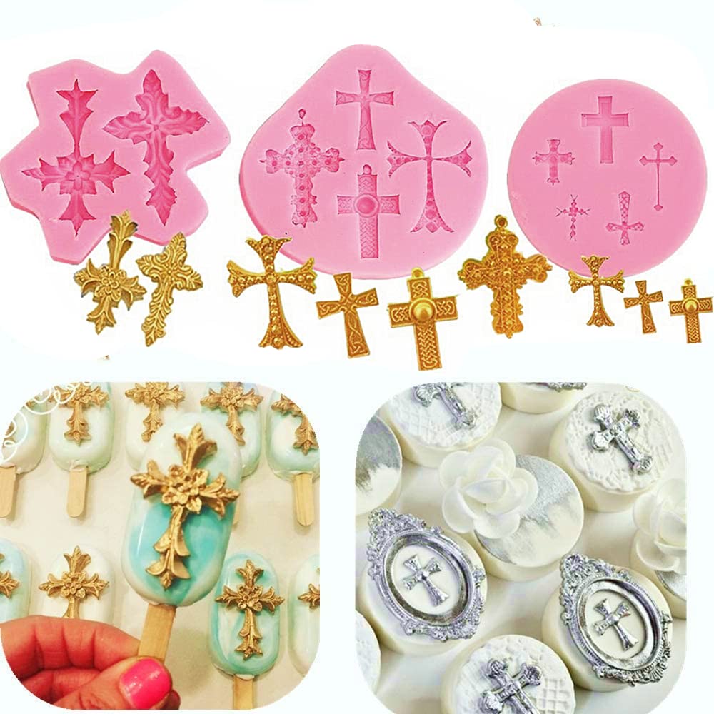 JeVenis 3-Piece Baptism Cake Decorating Set - Cross Cake Mold & Toppers for Christening Party Supplies - Perfect for Baptism Cakes, Cupcakes, and Dessert Table Decorations