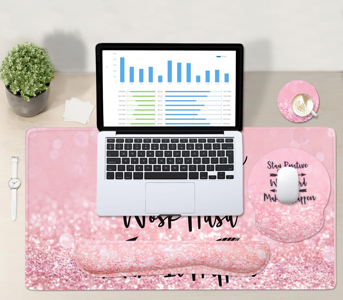 4-in-1 Gaming Mouse Pad Set with Wrist Support - Large Desk Mat, Mouse Pad, Keyboard Wrist Rest & Cup Holder - Ergonomic Design for PC Gaming, Office Work & Home Study (Pink Stay Positive) - Perfect for Gamers, Programmers & Remote Workers