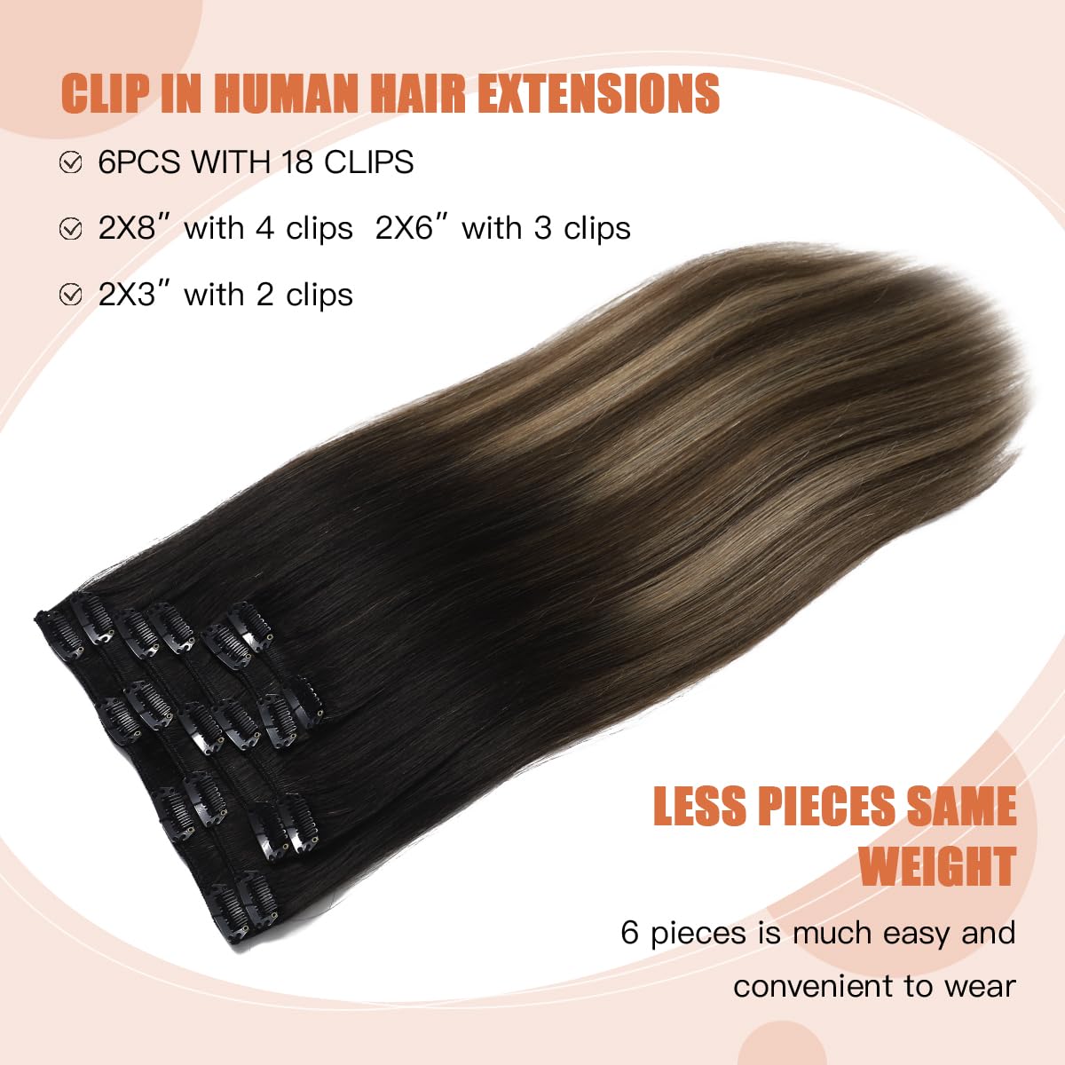 XD Clip in Hair Extensions 20inch - 120g Balayage Ombre Chocolate Brown to Caramel Blonde Human Hair Extensions (6pcs) | Remy Hair, Straight & Natural Black/4/27 | Perfect for Daily Wear, Parties & Special Occasions