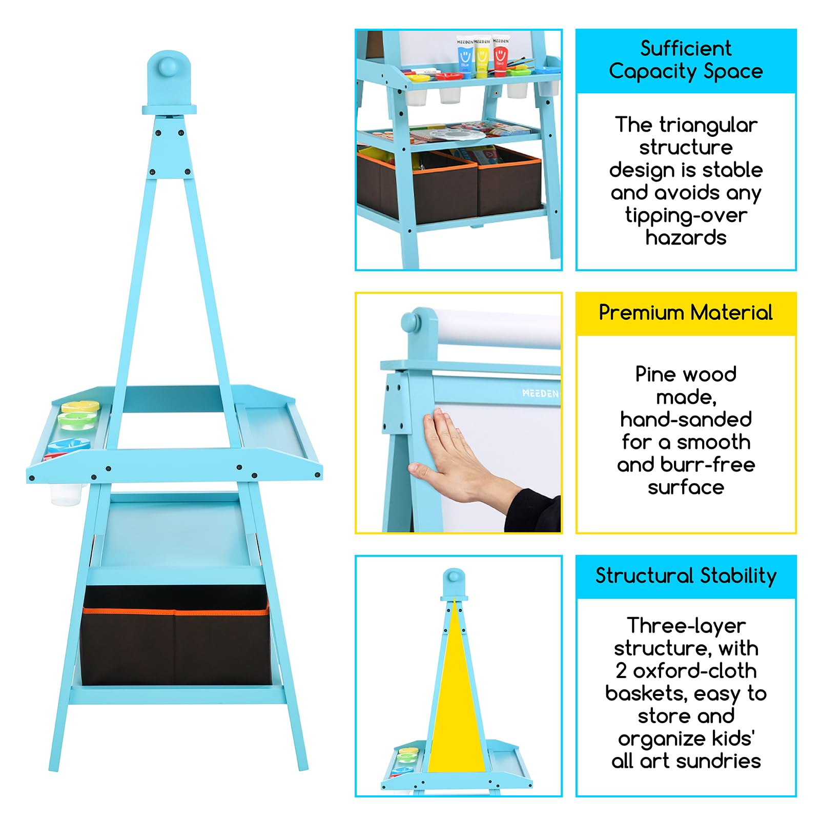 MEEDEN Double-Sided Kids Wooden Art Easel with Paper Roll - Adjustable Solid Pine Wood Drawing Board with Chalkboard & Magnetic Whiteboard - Perfect Gift for Boys & Girls (Blue) - Ideal for Home, Classroom & Art Studio Use