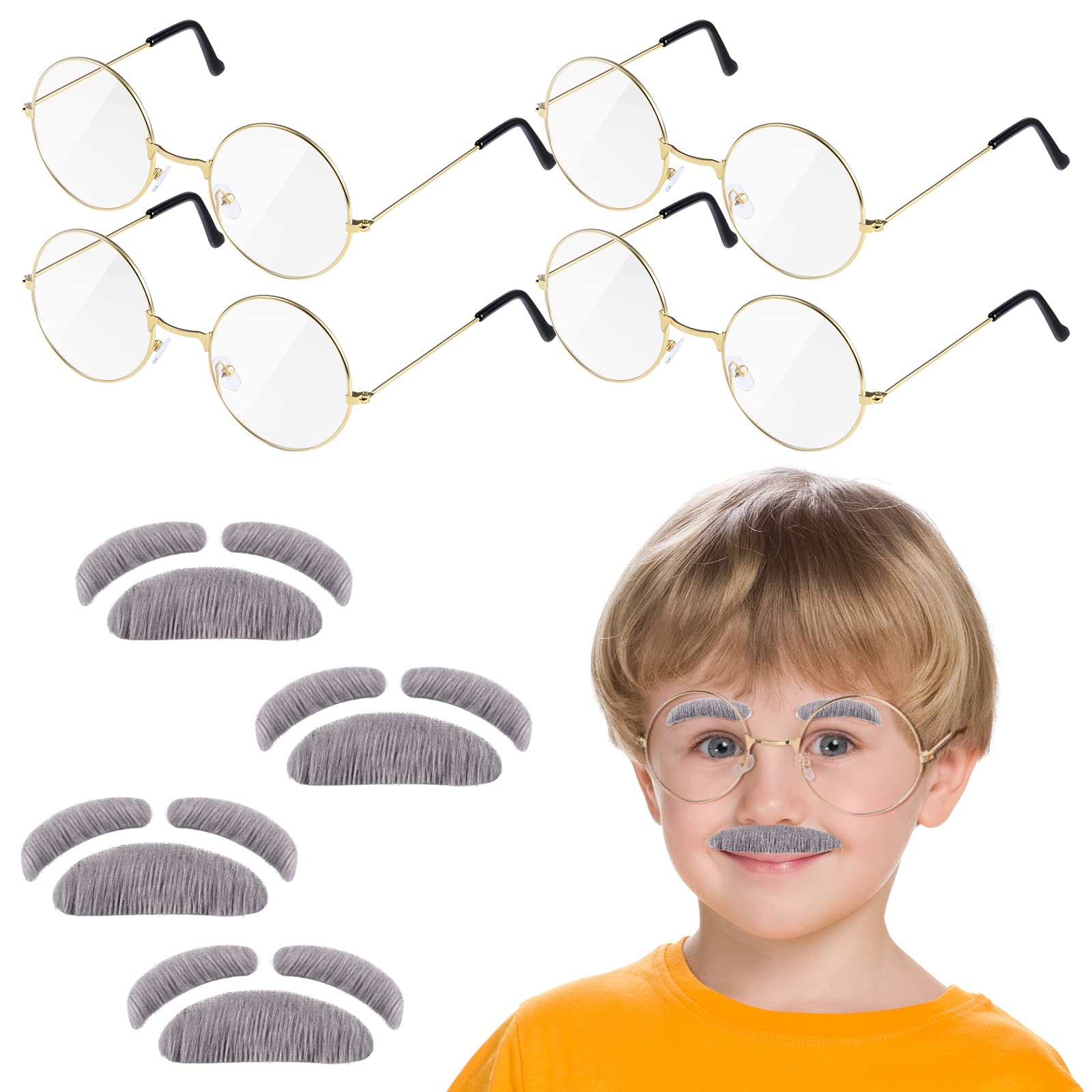 Waydress 8-Piece Old Man Costume Set for Kids - Includes 4 Mustache & Eyebrow Kits + 4 Pairs Round Vintage Glasses - Perfect for Halloween, Cosplay & Themed Parties