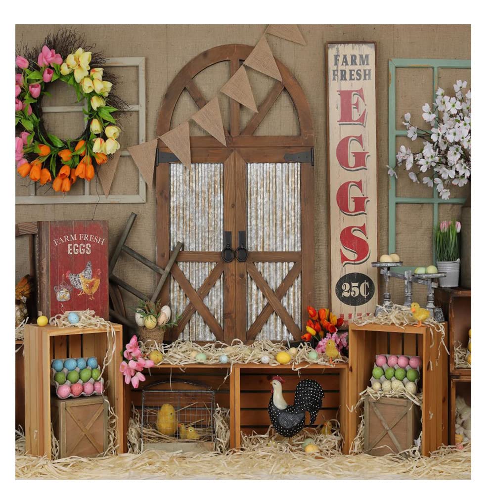 8x8ft Easter Colorful Eggs Farm Flowers and Chick Photography Backdrop - Spring Baby Shower Photo Background for Children's Party, Easter Decorations & Social Media Content Creation