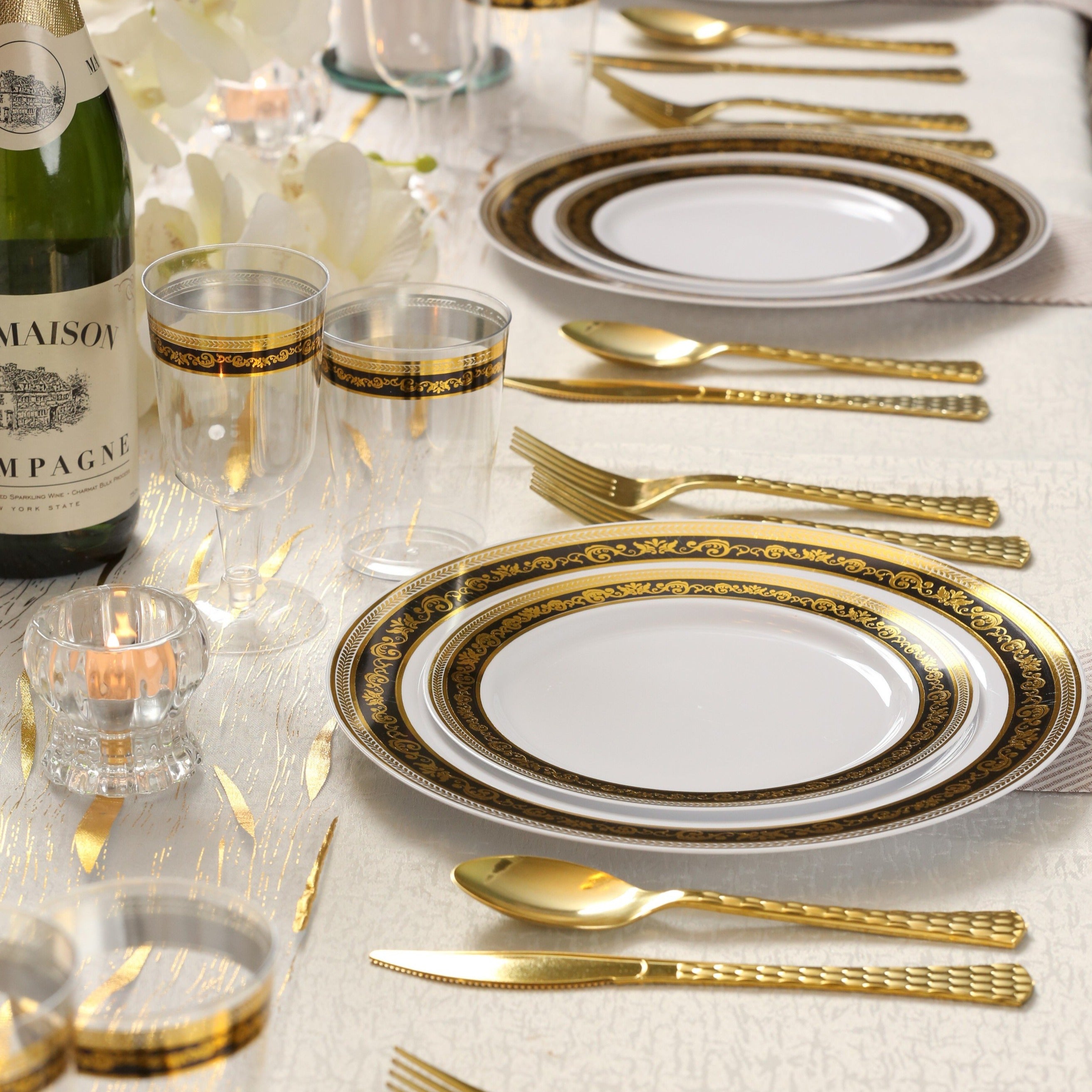 100-Piece Black and Gold Round Plastic Dinnerware & Silverware Set for 20 Guests - Elegant Disposable Tableware for Parties, Weddings, and Events