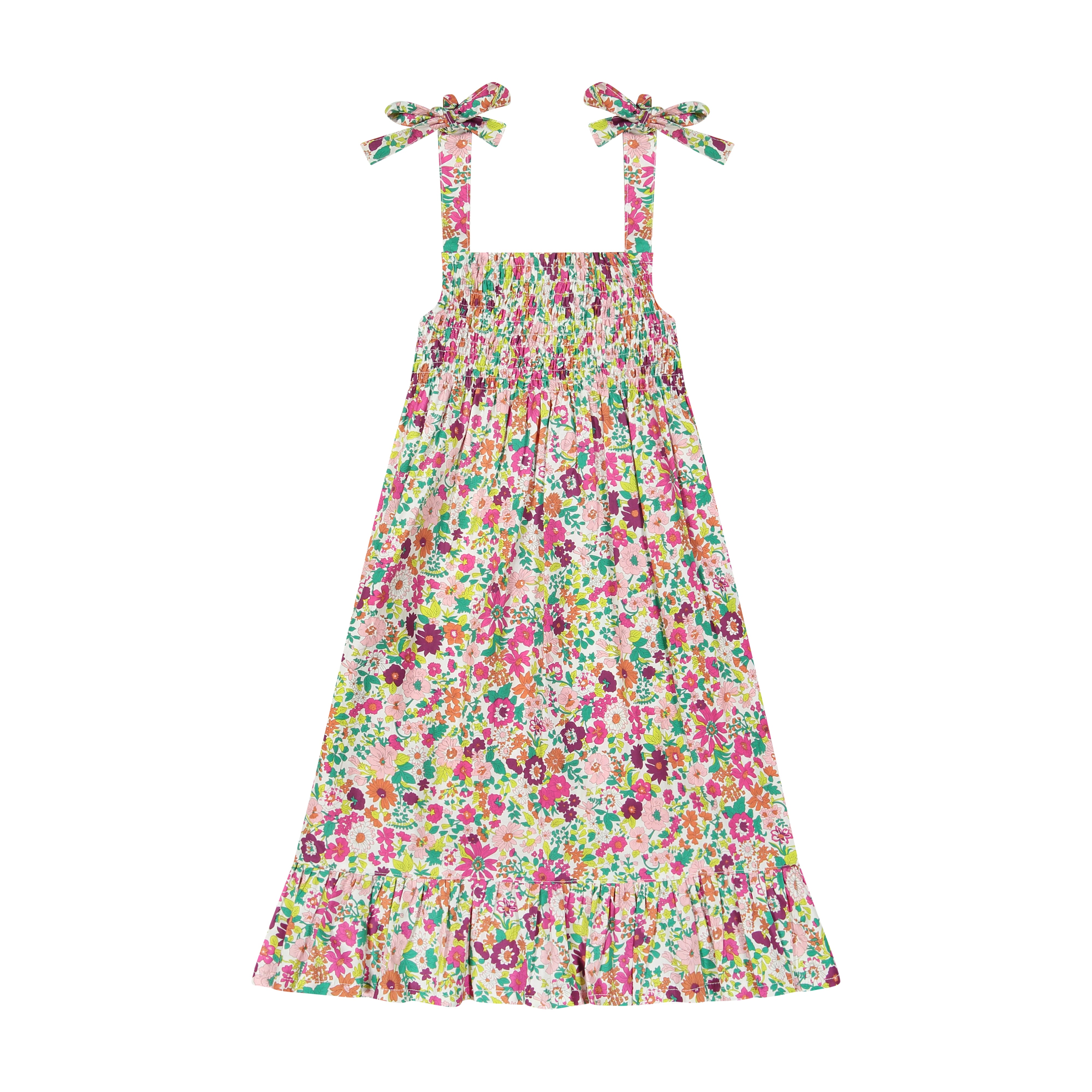 India Smocked Shoulder Tie Sundress Fuchsia Floral - Women's Summer Boho Maxi Dress for Beach Vacation, Garden Party & Casual Outings