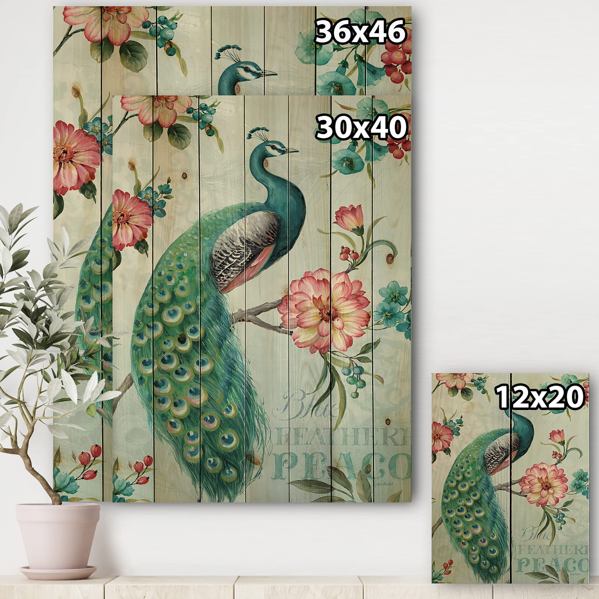 DesignQ Peacock Traditional Wood Wall Decor - Green Wood Wall Art with Large Animal Print on Natural Pine Wood - Perfect for Living Room, Bedroom & Home Office Decor