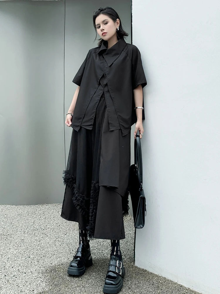 Oversized Black Asymmetrical Mesh Pantsuit Set - Fashionable Lapel Short Sleeve Two Piece Outfit for Women | Spring Summer 2025 Trendy Streetwear | Perfect for Casual Wear, Night Out & Fashion Events