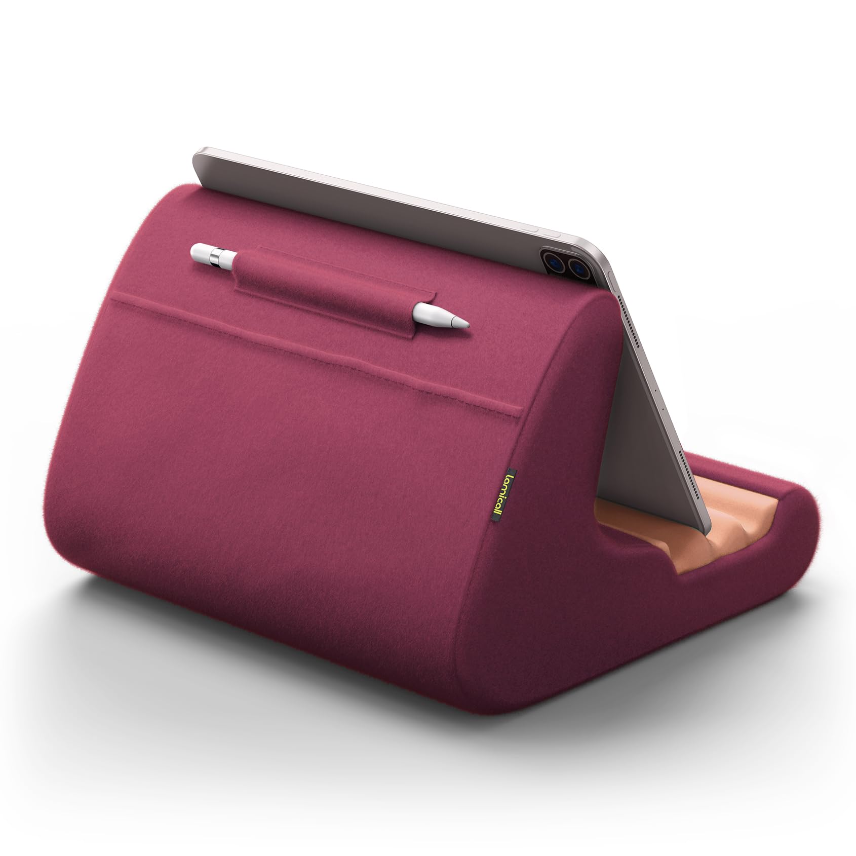 Lamicall Tablet Holder Stand with Soft Pillow Pad - Adjustable Bed & Lap Stand for iPad Pro 12.9/Air/Mini, Kindle, Galaxy Tab (4-13 Inch) - Includes Stylus Mount & Storage Pocket - Dark Red - Perfect for Reading, Watching Movies & Hands-Free Use in Bed/Couch/Travel