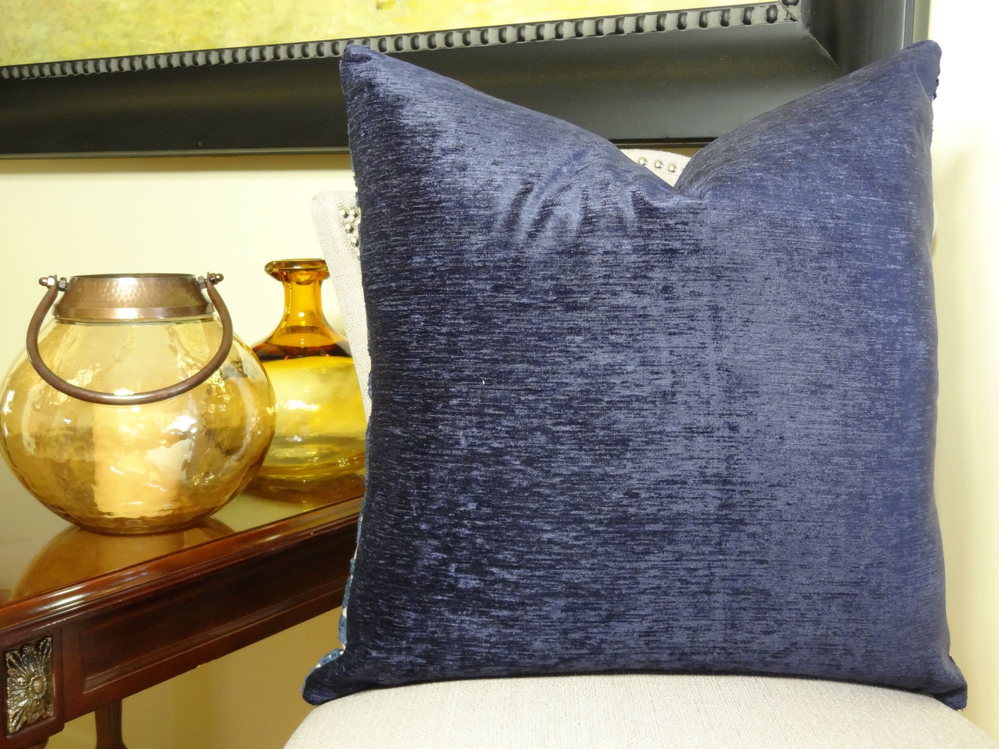 Luxury Navy Velvet Decorative Throw Pillow with Beige Scroll Pattern - Made in USA - Perfect for Sofa, Bed & Home Decor Accent
