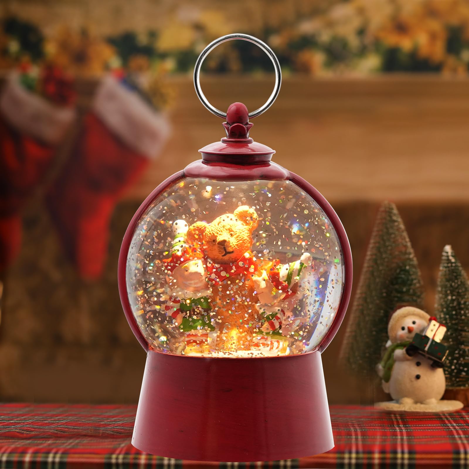 Christmas Snow Globe Lantern with Swirling Glitter - USB/Battery Powered Musical Holiday Decor with 6-Hour Timer - Perfect for Home, Office, Party & Gift Giving - Features Festive Elf & Bear Design
