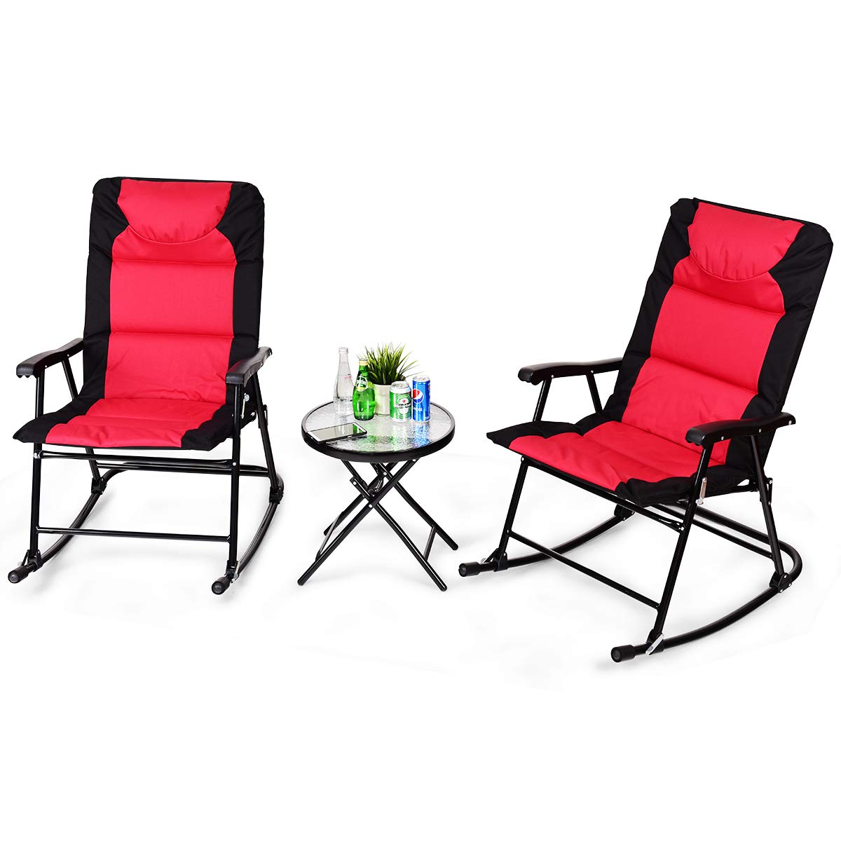 Tangkula 3-Piece Folding Bistro Set with Rocking Chairs & Round Table - Outdoor Patio Furniture for Backyard, Garden, Poolside, Porch - Red - Perfect for Relaxing, Entertaining & Small Space Living