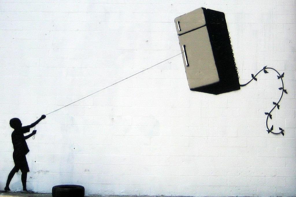 Banksy Fridge Kite Street Art Print - Modern Graffiti Wall Art Poster (24x16 Inches) - Urban Decor for Living Room, Bedroom & Office