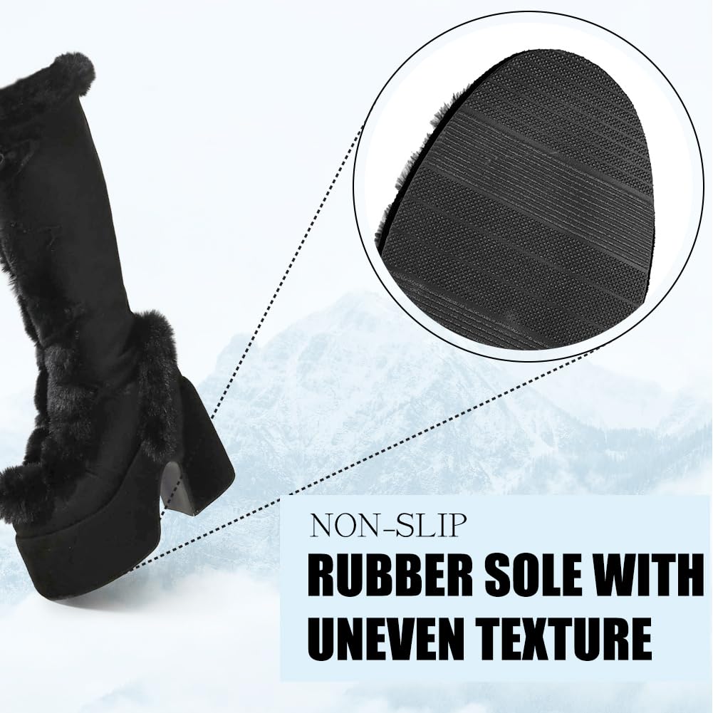 CELNEPHO Women's Knee High Boots with Side Zipper - Warm Faux Fur Lined Platform Chunky Heel Punk Goth Boots for Winter Snow Walking | Perfect for Cold Weather, Outdoor Activities & Fashion Streetwear