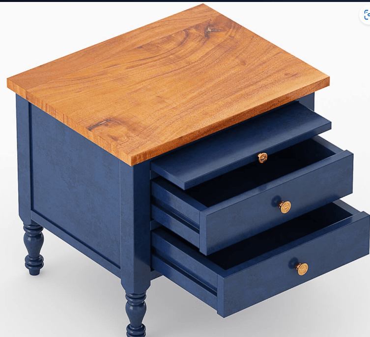Hand Carved Blue Nightstand - Solid Wood Bedside Table with Drawer for Bedroom, Living Room, or Guest Room - Perfect for Storage & Decor